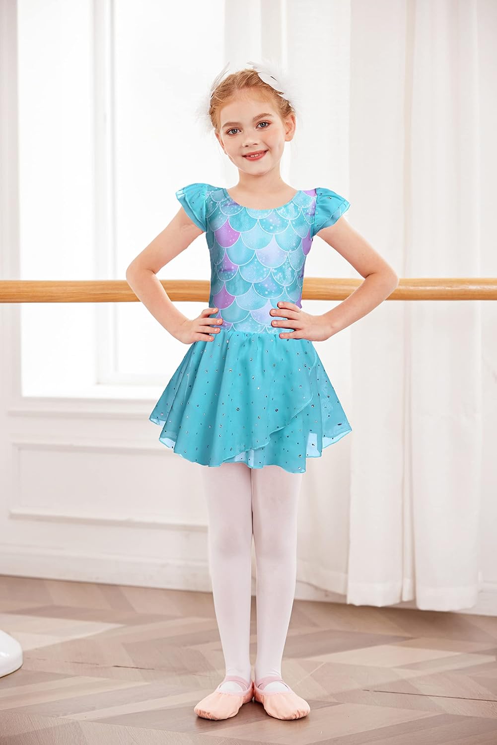 Oudiya Girls Ballet Dance Dress Leotards Ruffle Sleeve Shiny Ballet Tutu Skirt for Kids 3-11Y