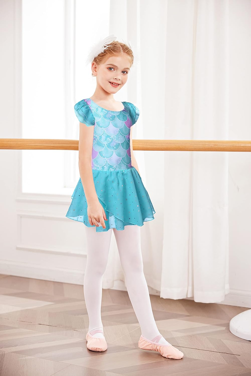 Oudiya Girls Ballet Dance Dress Leotards Ruffle Sleeve Shiny Ballet Tutu Skirt for Kids 3-11Y