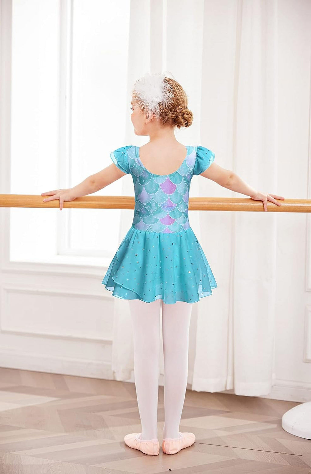 Oudiya Girls Ballet Dance Dress Leotards Ruffle Sleeve Shiny Ballet Tutu Skirt for Kids 3-11Y