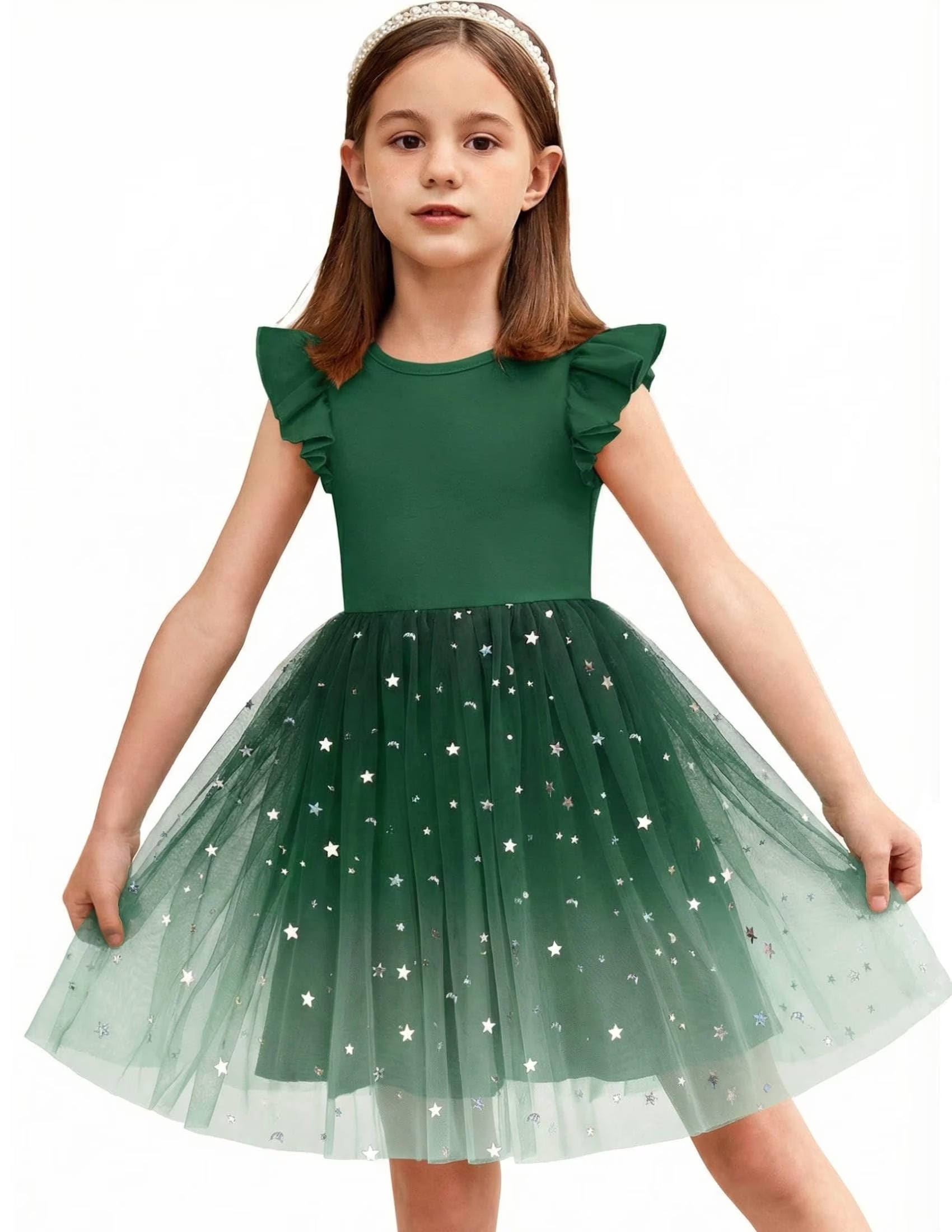 Oudiya Toddler Girls Tutu Dress Fluffy Ruffle Sleeve Dresses Summer Casual Tulle Party Sundress for Kids 6-7Y