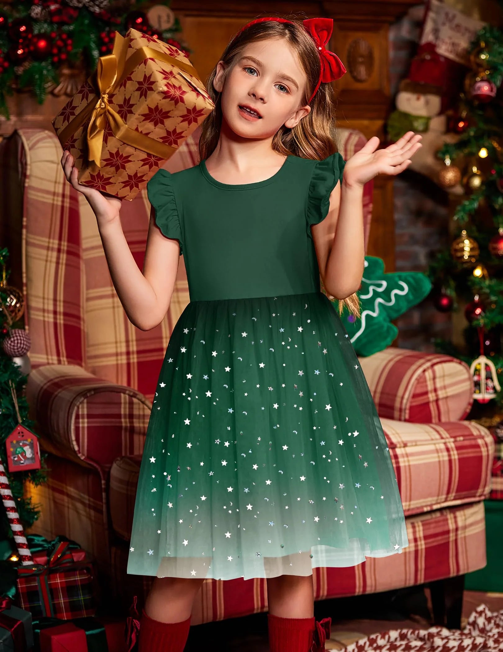 Oudiya Toddler Girls Tutu Dress Fluffy Ruffle Sleeve Dresses Summer Casual Tulle Party Sundress for Kids 6-7Y