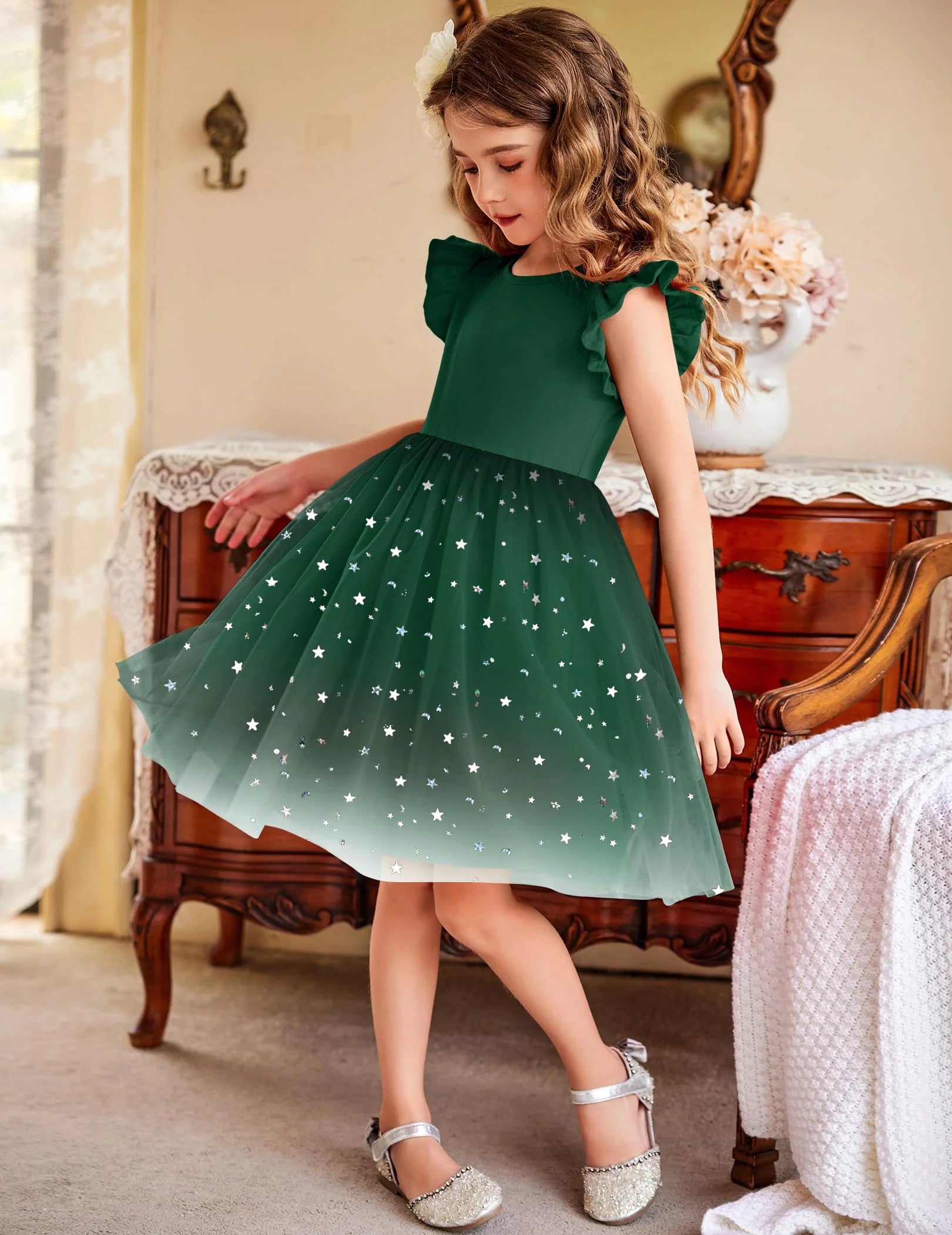 Oudiya Toddler Girls Tutu Dress Fluffy Ruffle Sleeve Dresses Summer Casual Tulle Party Sundress for Kids 6-7Y