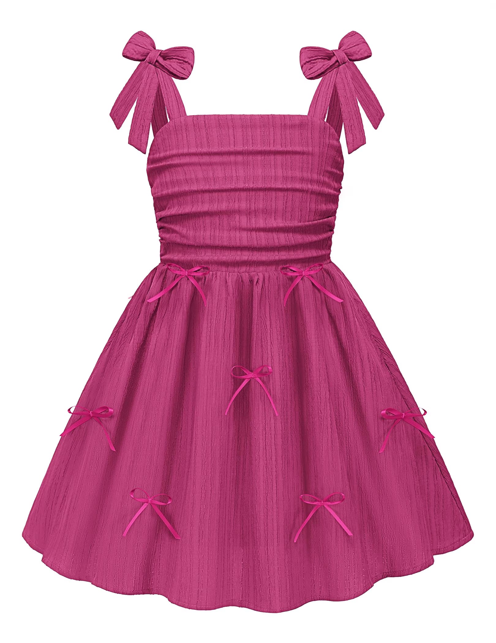 Oudiya Girls Summer Dreeses Spaghetti Strap Bow Ruched Smocked Back Boho Beach Party Sundress, 4-14Y
