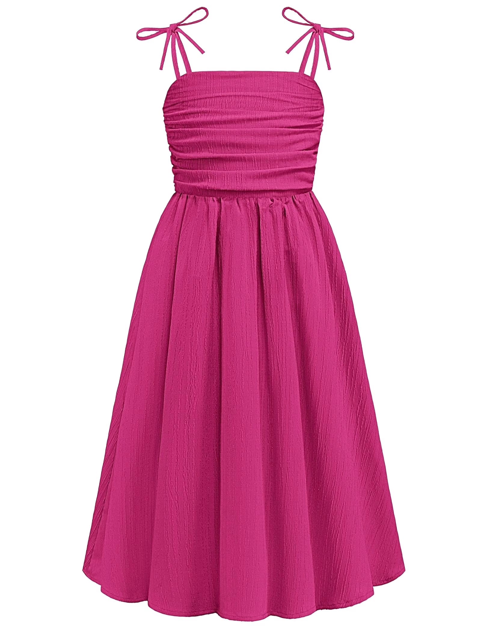 Oudiya Girls Summer Dress Maxi Spaghetti Strap Ruched Flowy Beach Boho Casual Teen Girl Party Sundress 6-14Y