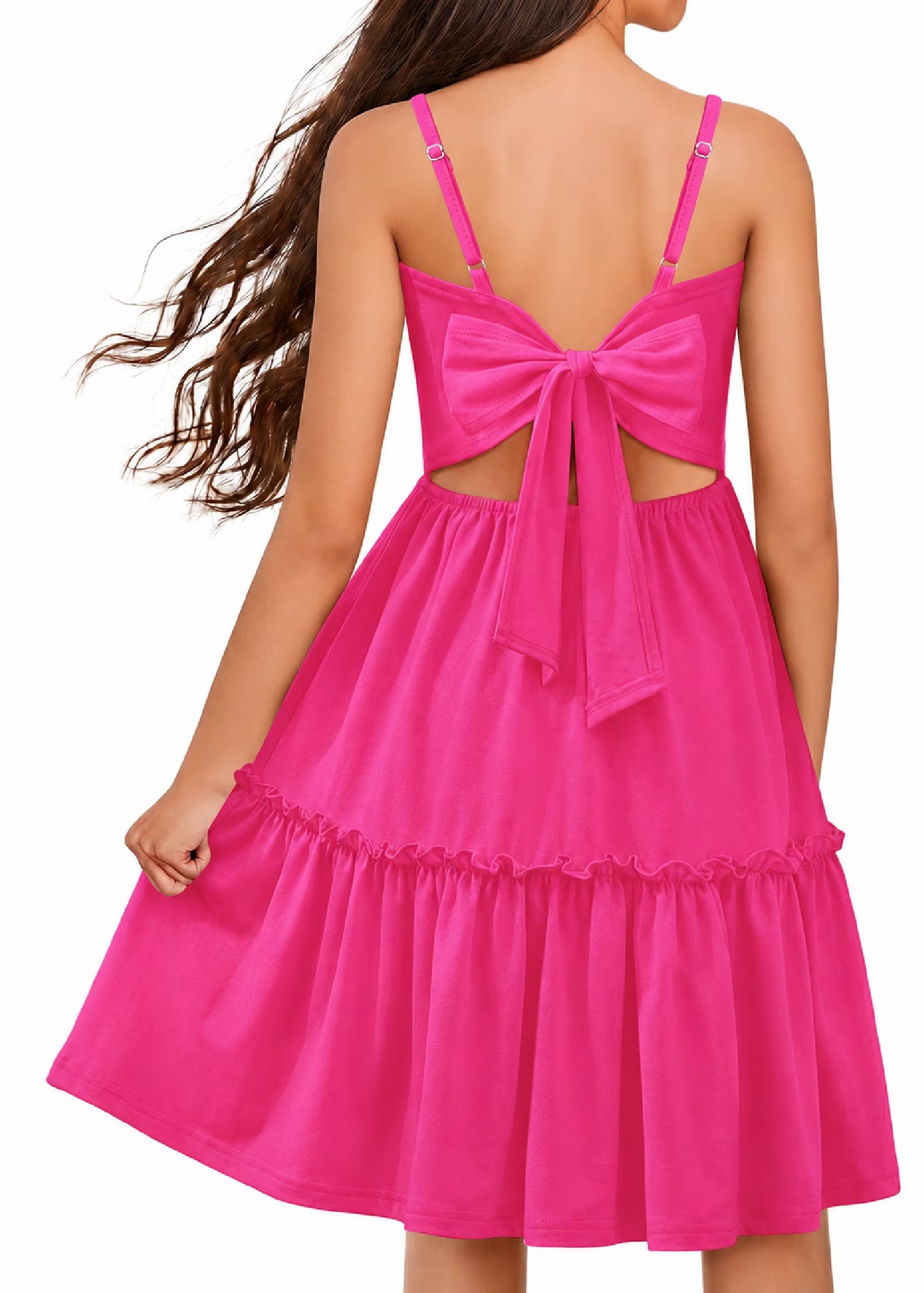 Oudiya Girls Spaghetti Strap Tie Back Dress Ruffle Hem Summer Beach Casual Sundress with Pockets, 6-14Y