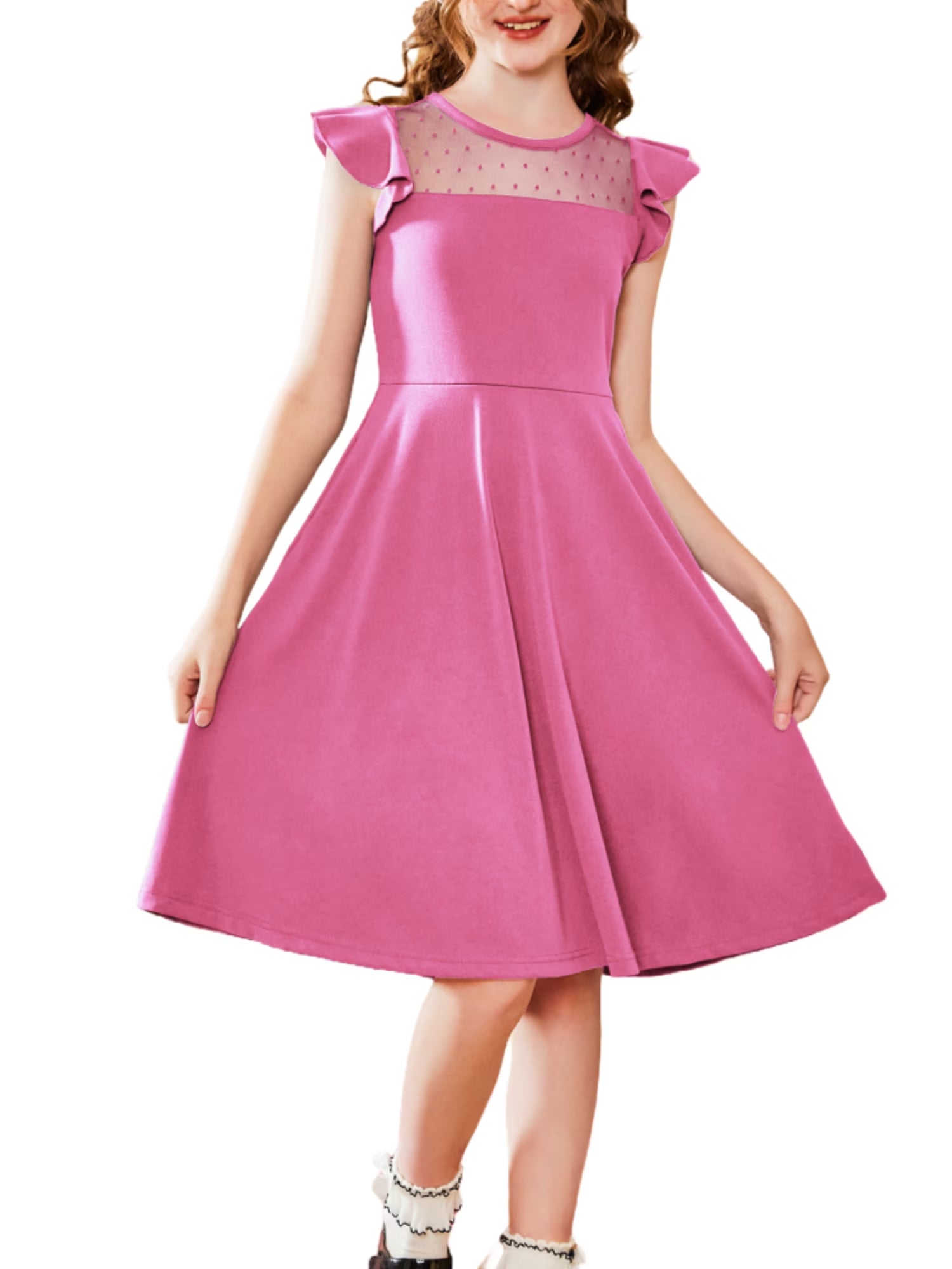 Oudiya Girls Summer Dress Ruffle Sleeve Mesh A Line Casual Party Dresses with Pockets 6-13 Y