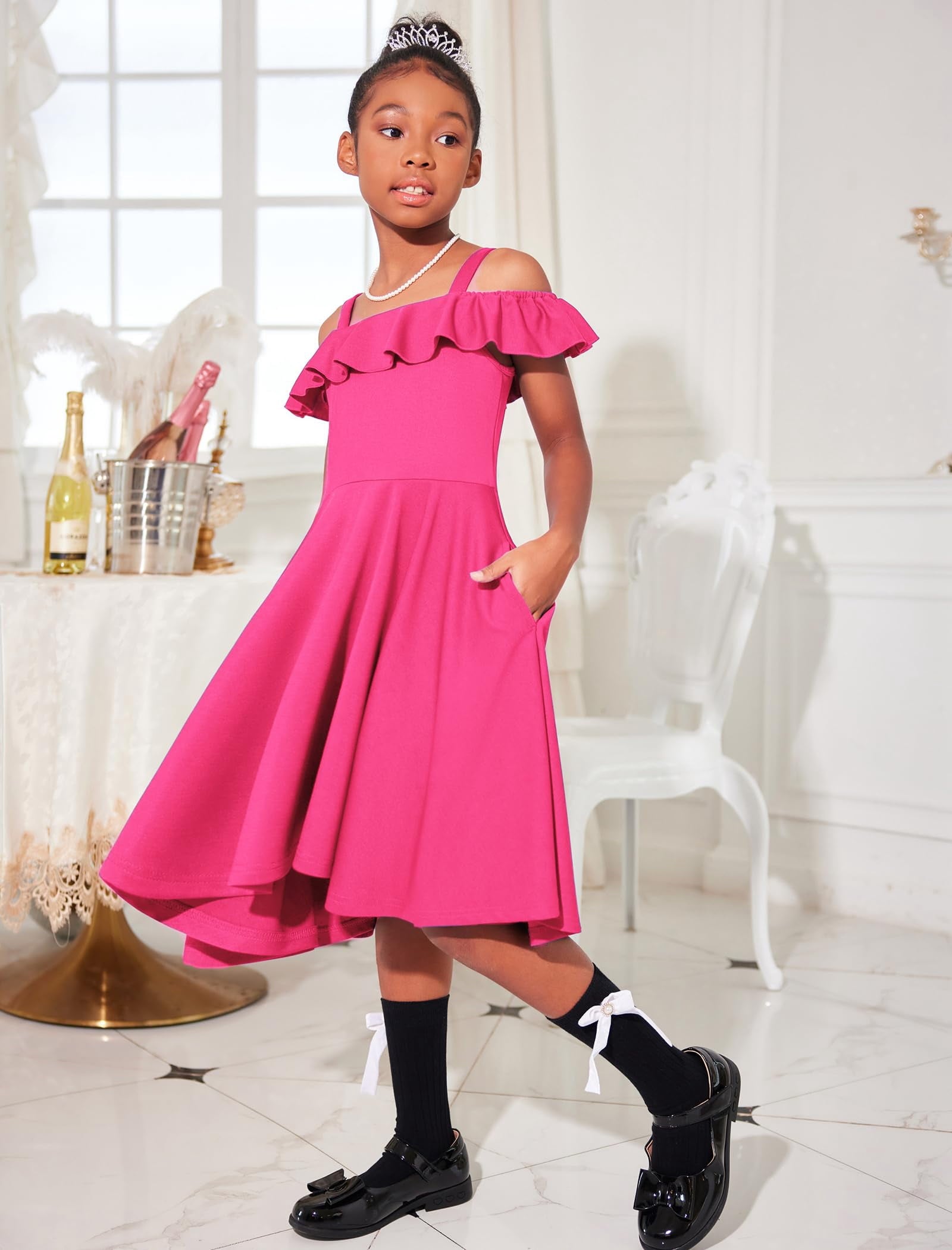 Oudiya Girls Off Shoulder Dress Flutter Sleeve Summer Midi Swing Dress with Pockets Formal Dress 4-13Y