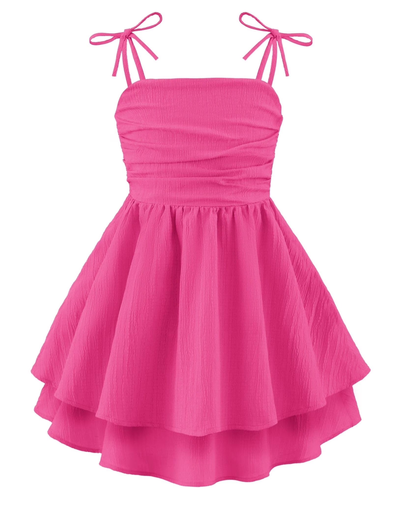Oudiya Girls Summer Blue Dresses Spaghetti Strap Flowy Tiered Ruched Smocked Back Casual Beach Midi Easter Sundress,6-14Y