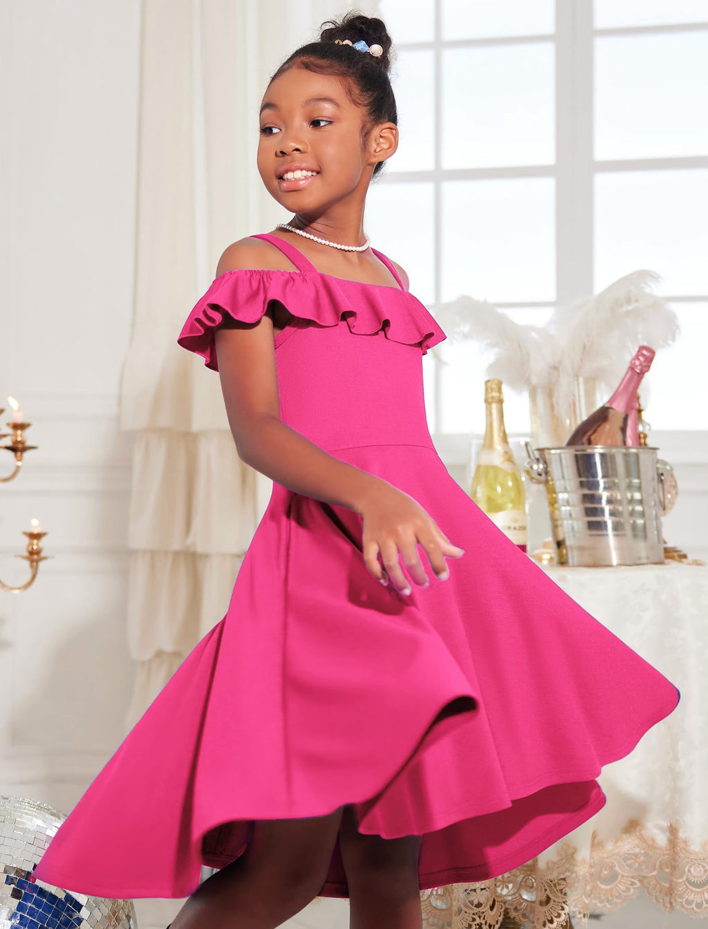 Oudiya Girls Off Shoulder Dress Flutter Sleeve Summer Midi Swing Dress with Pockets Formal Dress 4-13Y