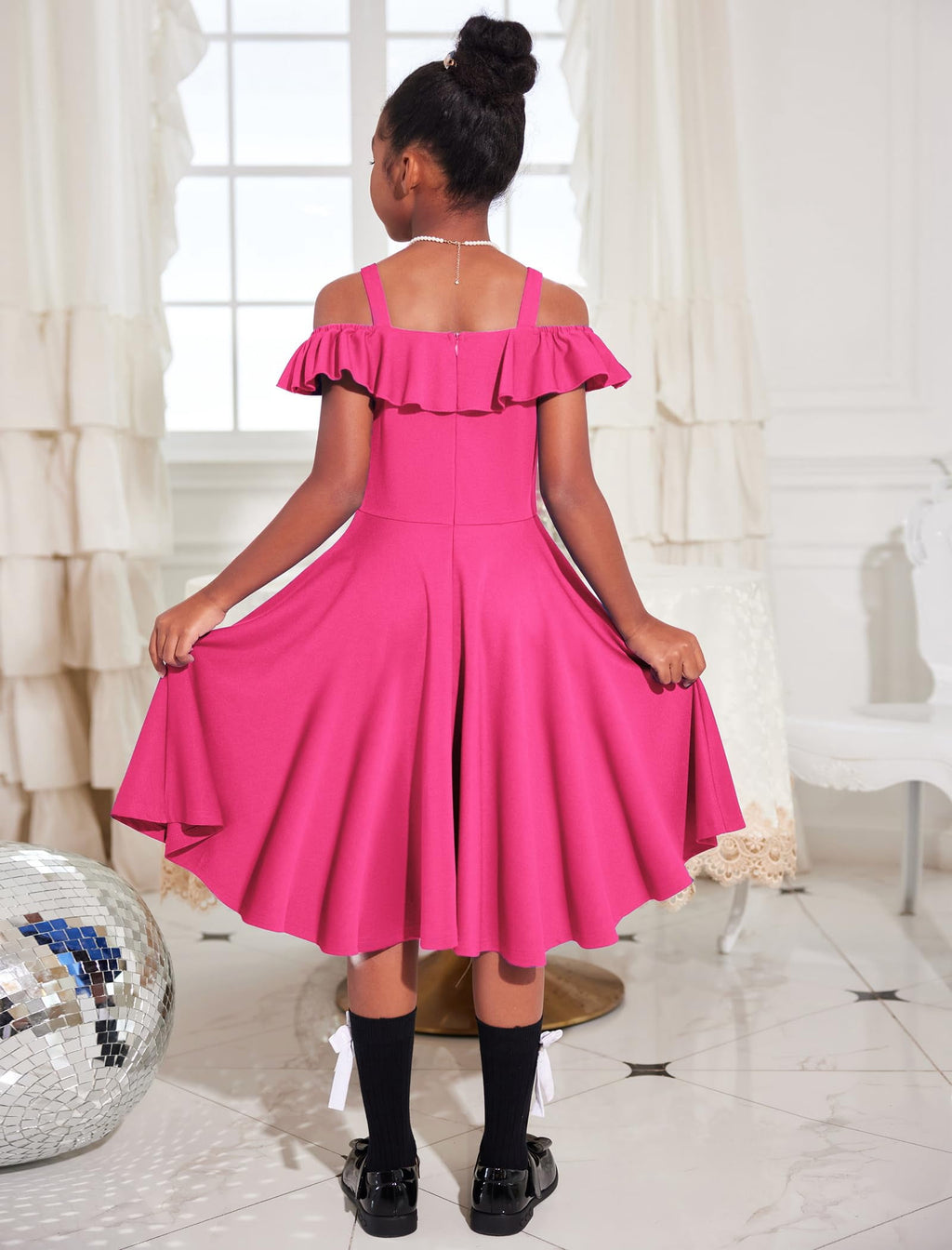 Oudiya Girls Off Shoulder Dress Flutter Sleeve Summer Midi Swing Dress with Pockets Formal Dress 4-13Y