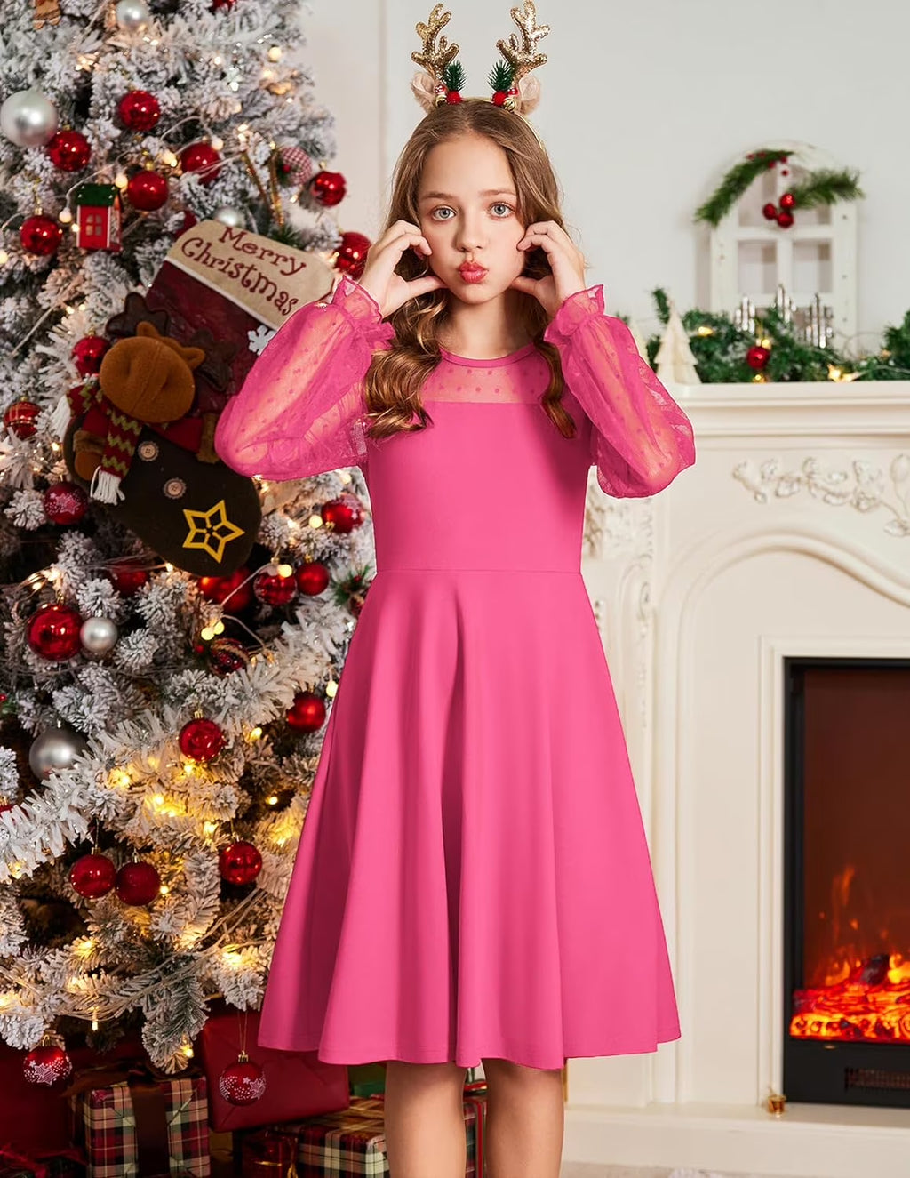 Oudiya Girls Mesh Puff Lantern Long Sleeve High Waist Formal A Line Dress with Pockets for Kids 6-16 Years