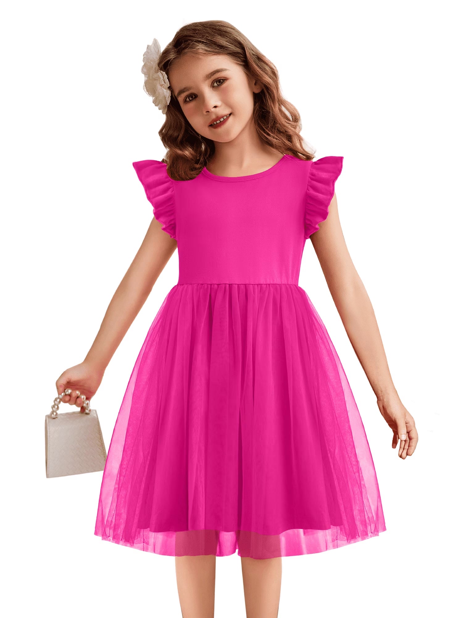 Oudiya Toddler Girls Tutu Dress Fluffy Ruffle Sleeve Dresses Summer Casual Tulle Party Sundress for Kids 6-7Y