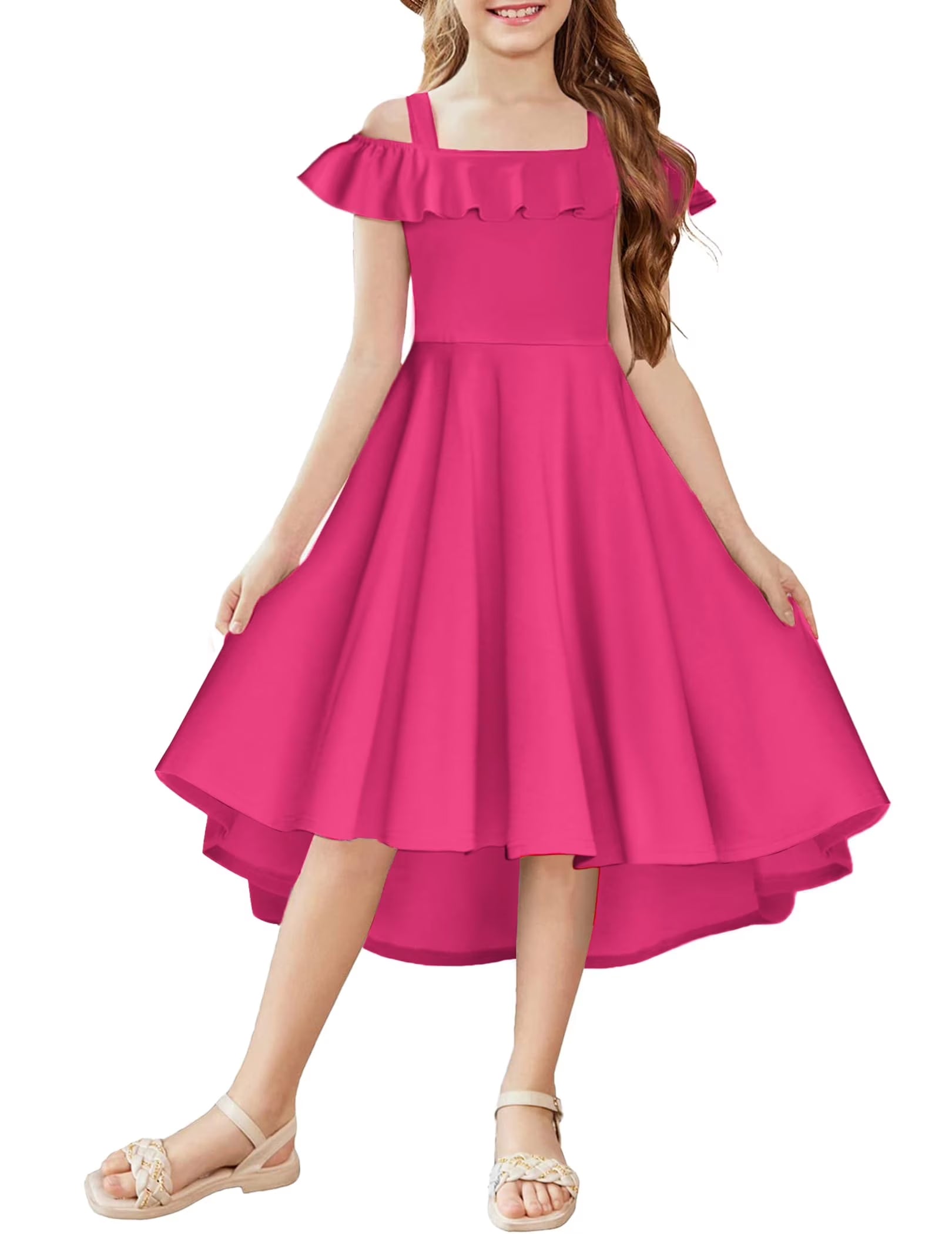 Oudiya Girls Off Shoulder Dress Flutter Sleeve Summer Midi Swing Dress with Pockets Formal Dress 4-13Y