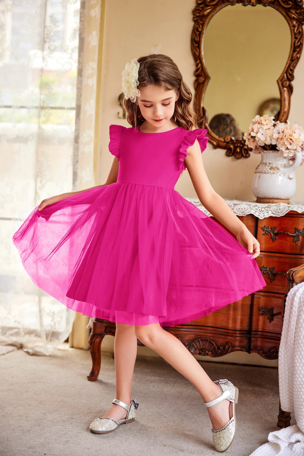 Oudiya Toddler Girls Tutu Dress Fluffy Ruffle Sleeve Dresses Summer Casual Tulle Party Sundress for Kids 6-7Y