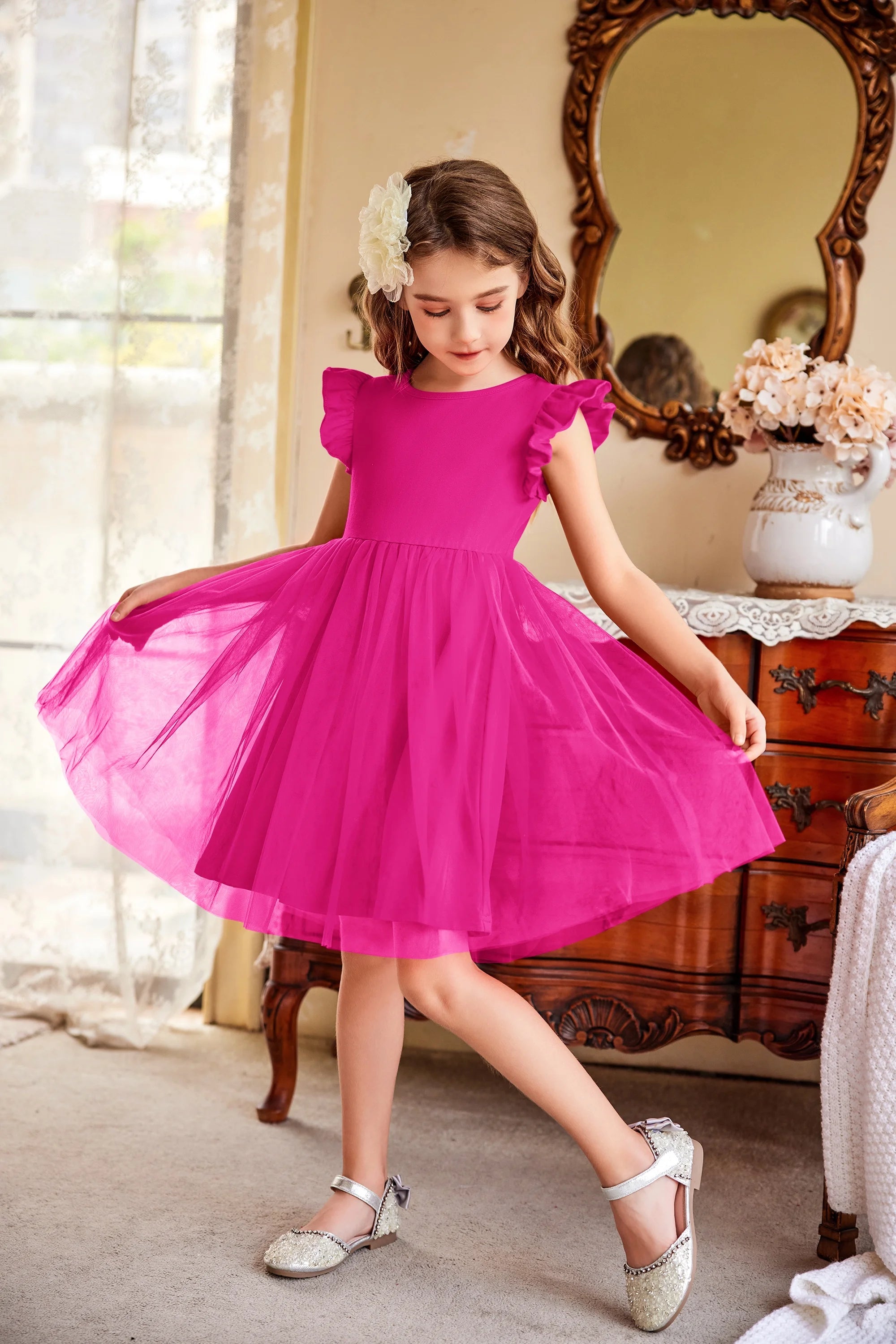 Oudiya Toddler Girls Tutu Dress Fluffy Ruffle Sleeve Dresses Summer Casual Tulle Party Sundress for Kids 6-7Y