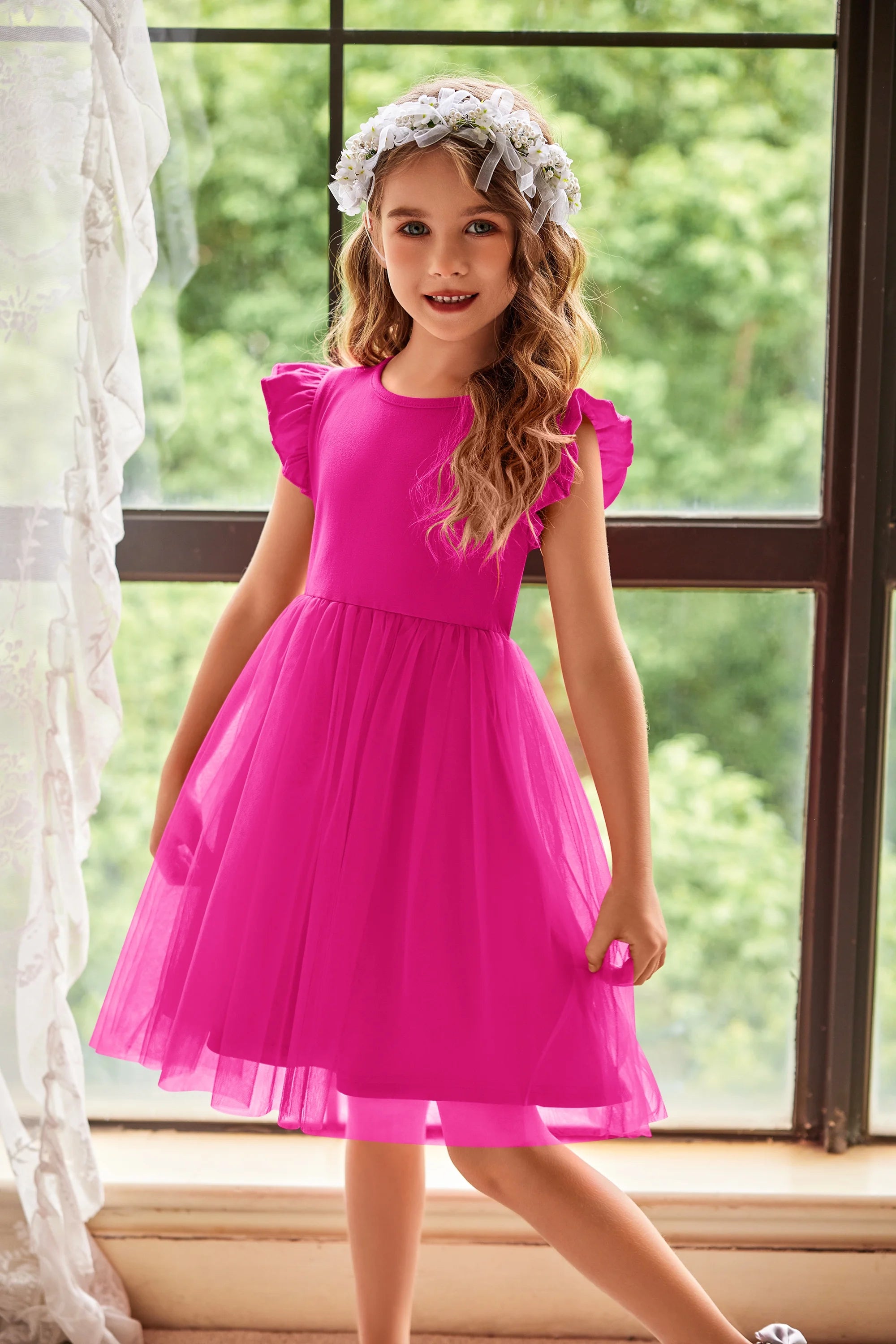Oudiya Toddler Girls Tutu Dress Fluffy Ruffle Sleeve Dresses Summer Casual Tulle Party Sundress for Kids 6-7Y