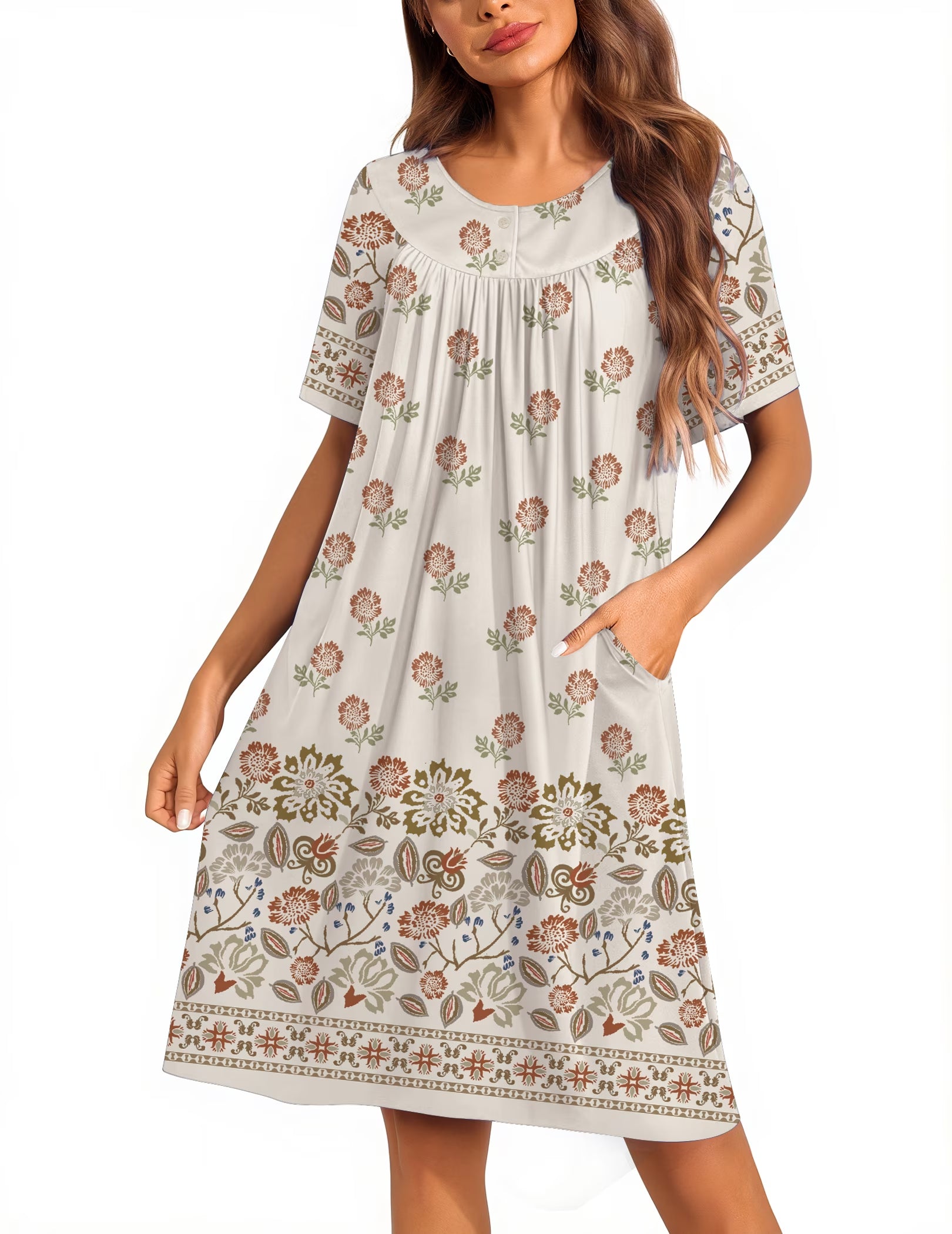 Oudiya Women Moo Moos House Dresses Button Short Sleeve Floral Mumu Nightgown with Pocket, S-3XL