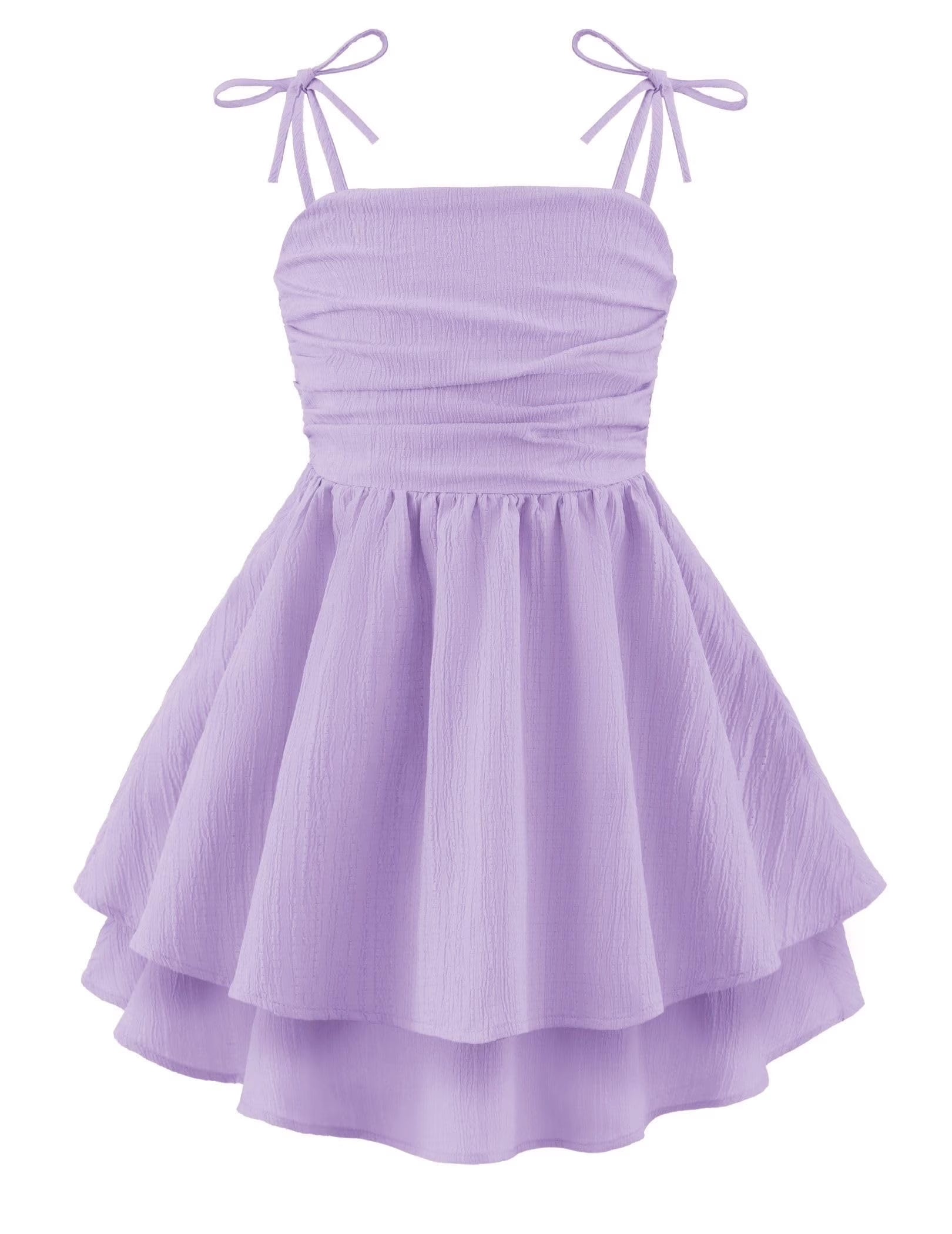 Oudiya Girls Summer Blue Dresses Spaghetti Strap Flowy Tiered Ruched Smocked Back Casual Beach Midi Easter Sundress,6-14Y