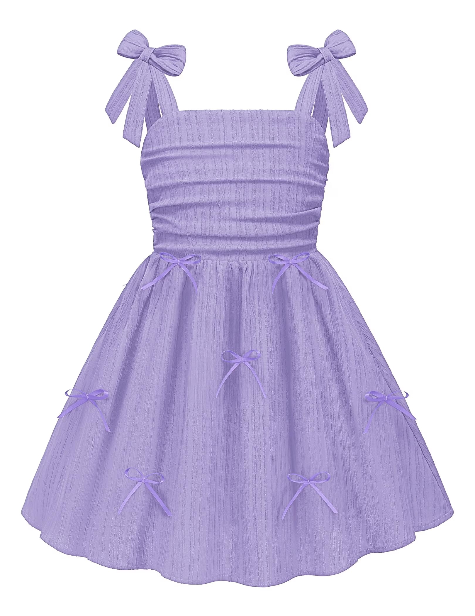 Oudiya Girls Summer Dreeses Spaghetti Strap Bow Ruched Smocked Back Boho Beach Party Sundress, 4-14Y