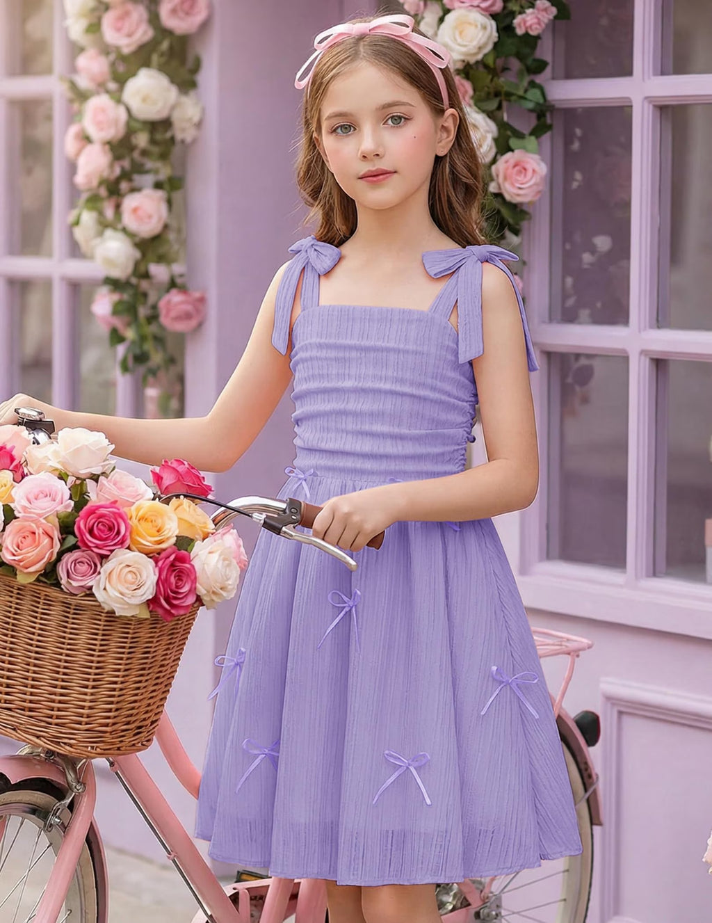 Oudiya Girls Summer Dreeses Spaghetti Strap Bow Ruched Smocked Back Boho Beach Party Sundress, 4-14Y