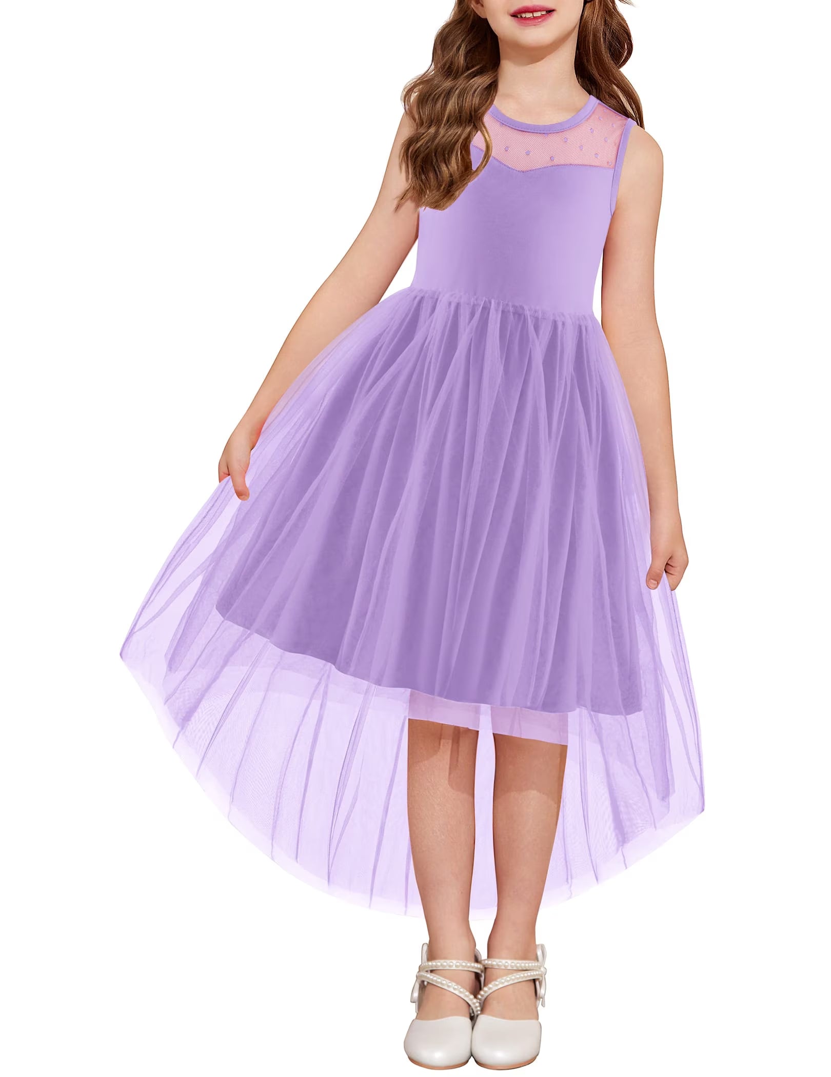 Oudiya Girls Formal Party Dresses Wedding Tulle Sleeveless Contrast Mesh High Low Flower Dress with Belt
