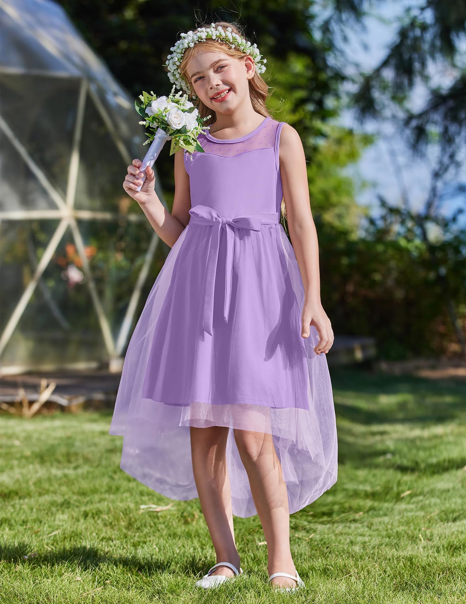 Oudiya Girls Formal Party Dresses Wedding Tulle Sleeveless Contrast Mesh High Low Flower Dress with Belt