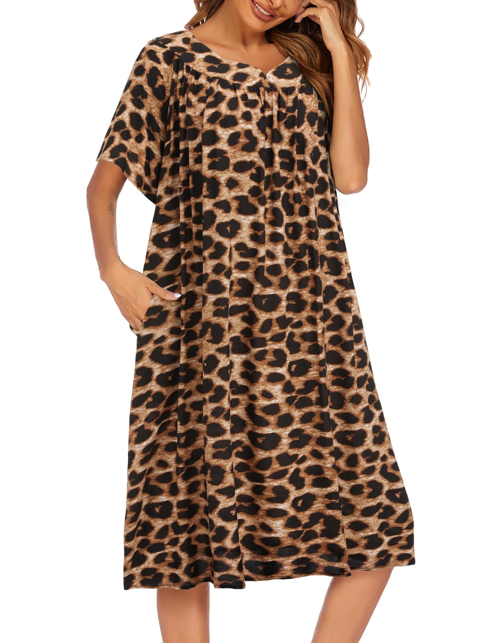 Oudiya Womens Nightgown Short Sleeve House Dress with Pockets-Floral Print Mumu Dress