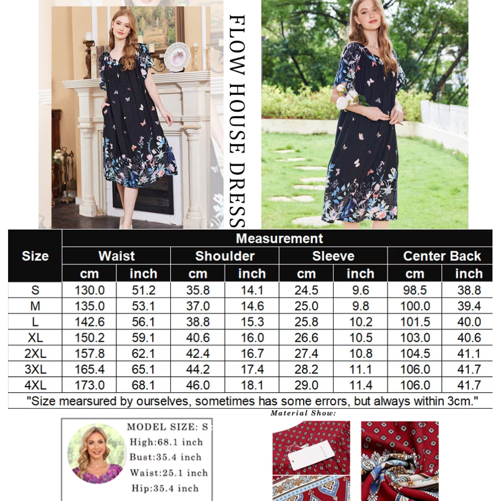 Oudiya Womens Nightgown Short Sleeve House Dress with Pockets-Floral Print Mumu Dress