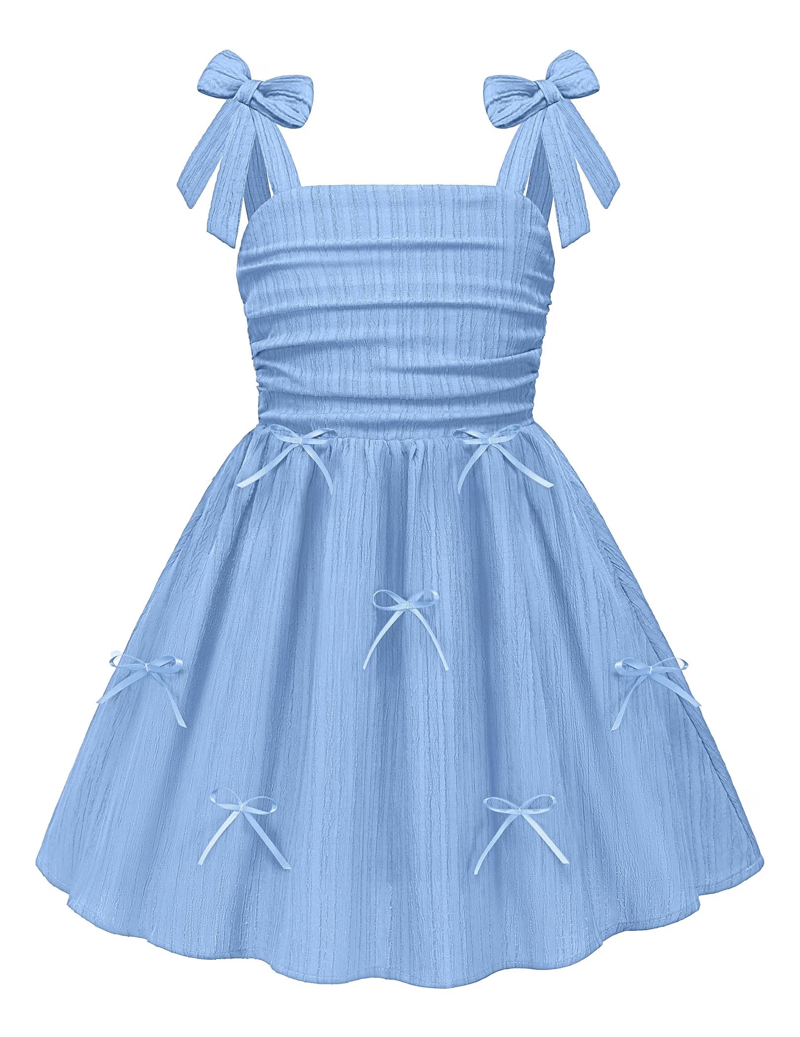Oudiya Girls Summer Dreeses Spaghetti Strap Bow Ruched Smocked Back Boho Beach Party Sundress, 4-14Y