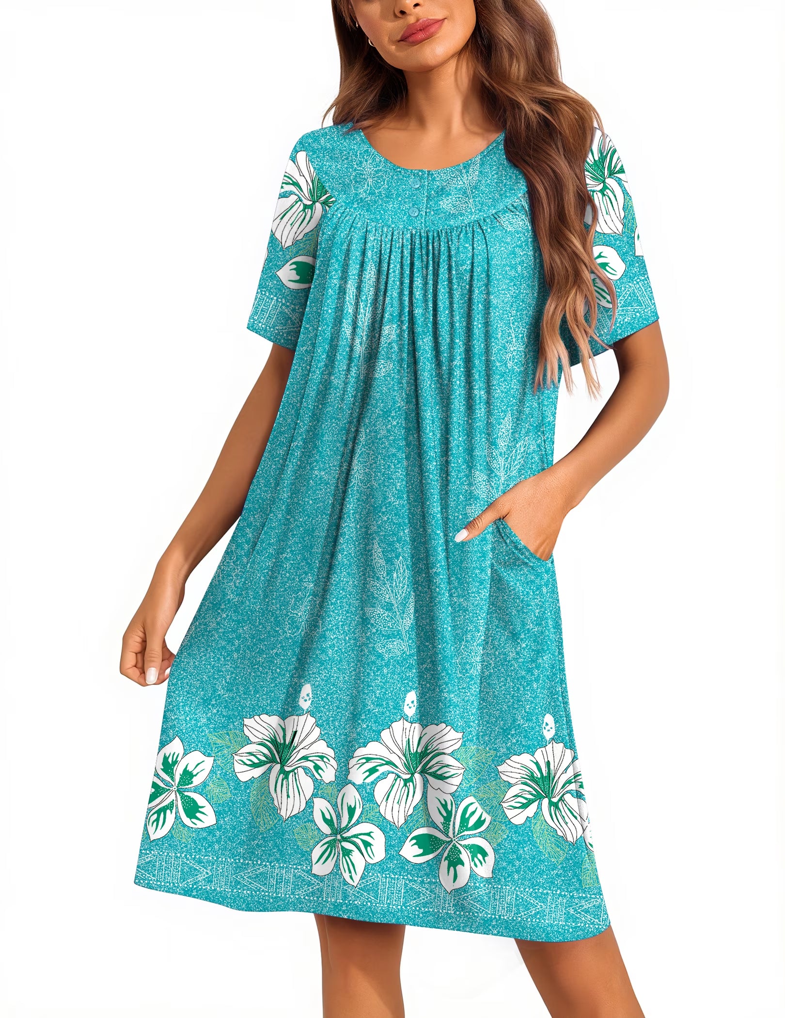 Oudiya Women Moo Moos House Dresses Button Short Sleeve Floral Mumu Nightgown with Pocket, S-3XL