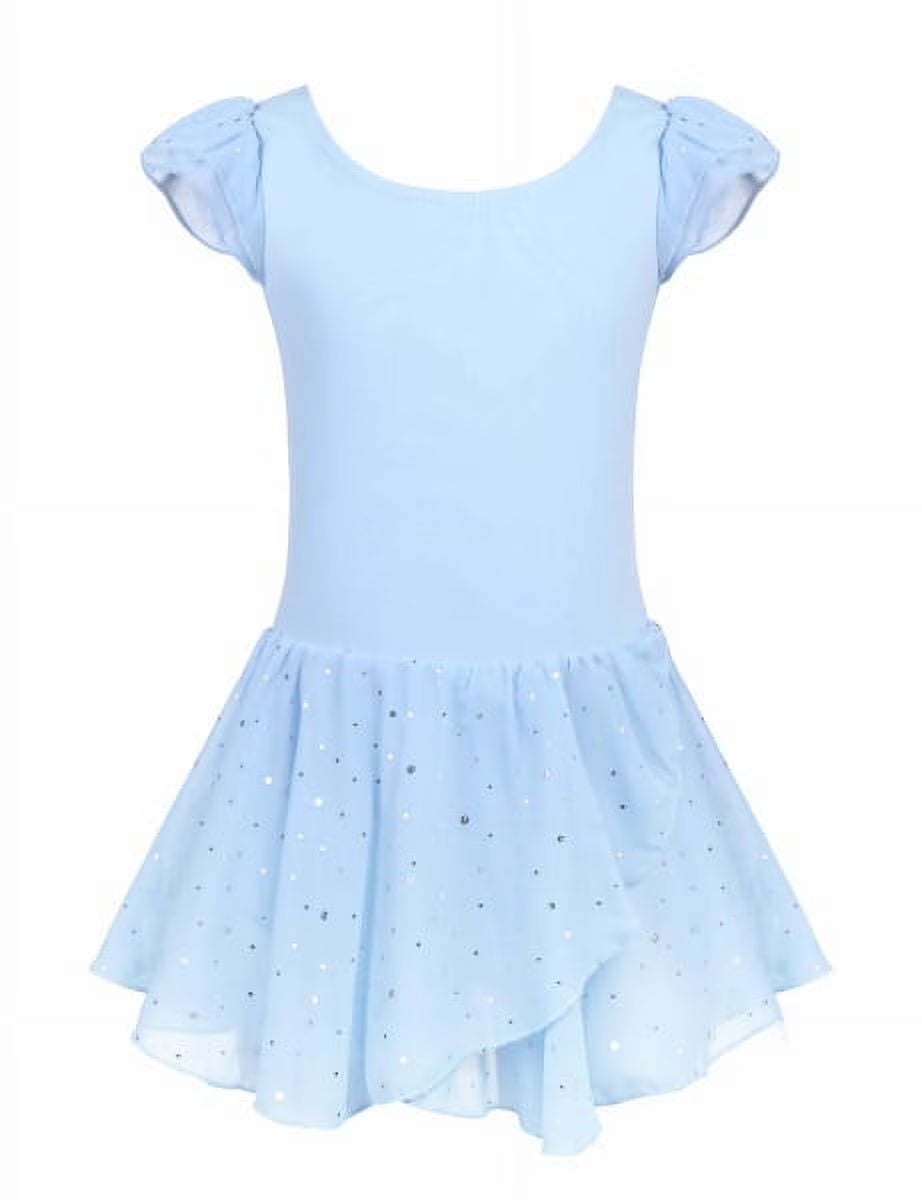 Oudiya Girls Ballet Dance Dress Leotards Ruffle Sleeve Shiny Ballet Tutu Skirt for Kids 3-11Y