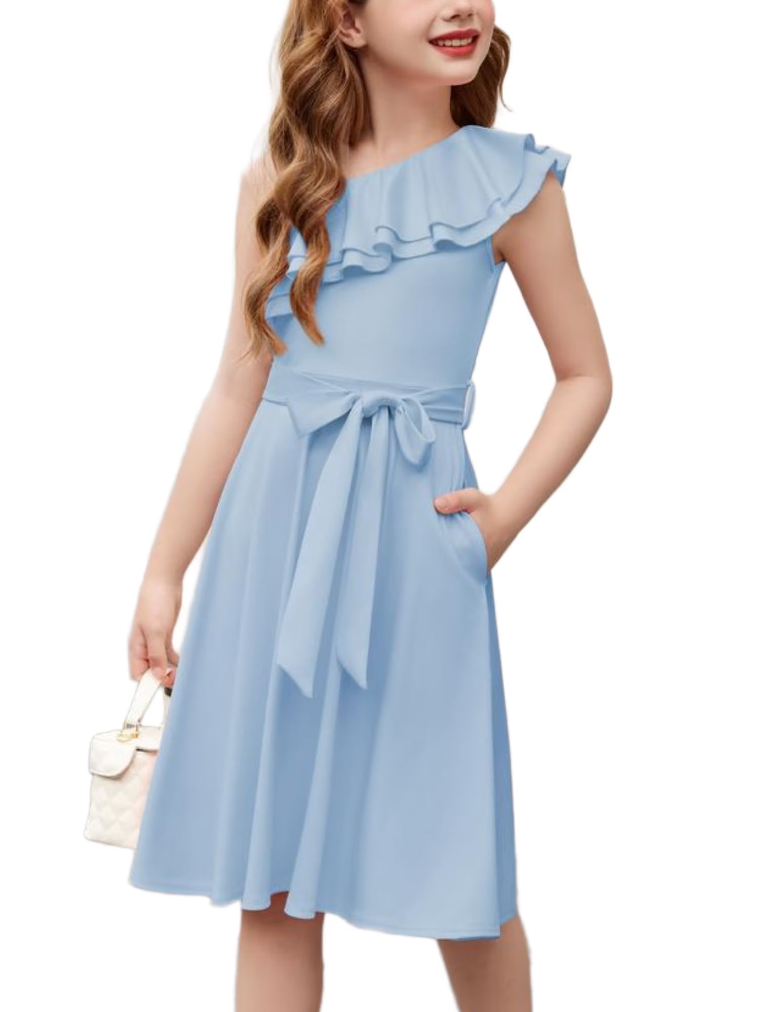 Oudiya Girls One Shoulder Dress Formal Ruffle Trim Birthday Party Dresses with Belted Pockets for Kids 5-12Y