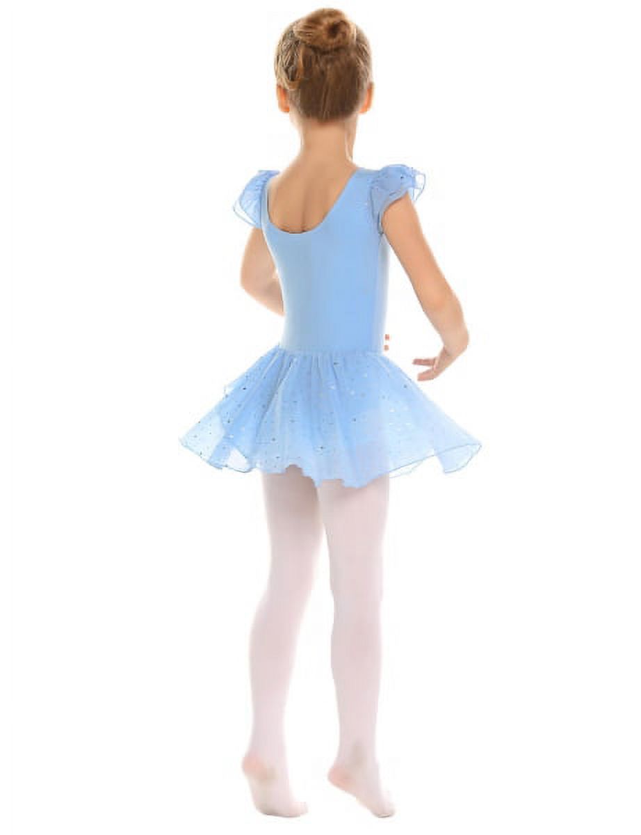 Oudiya Girls Ballet Dance Dress Leotards Ruffle Sleeve Shiny Ballet Tutu Skirt for Kids 3-11Y