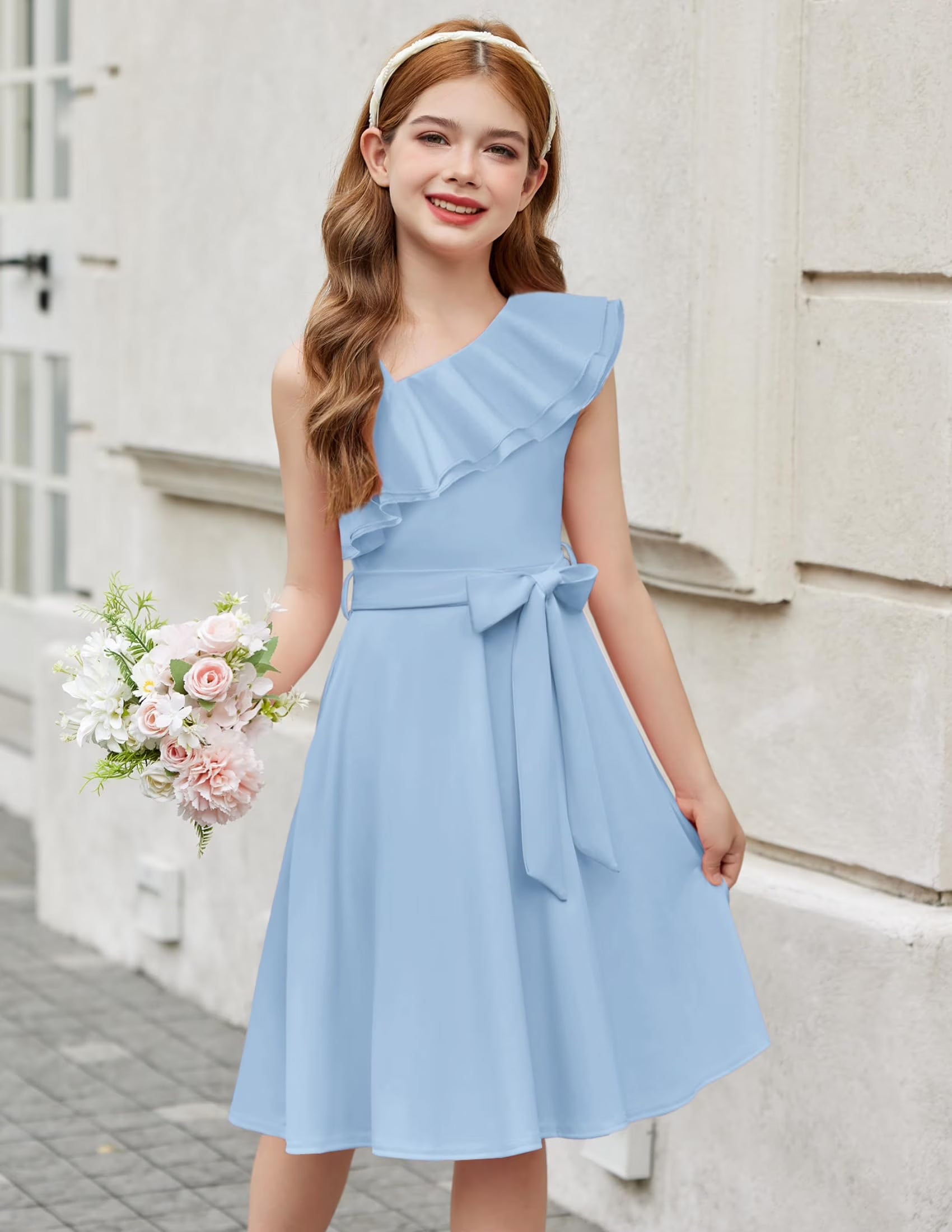 Oudiya Girls One Shoulder Dress Formal Ruffle Trim Birthday Party Dresses with Belted Pockets for Kids 5-12Y
