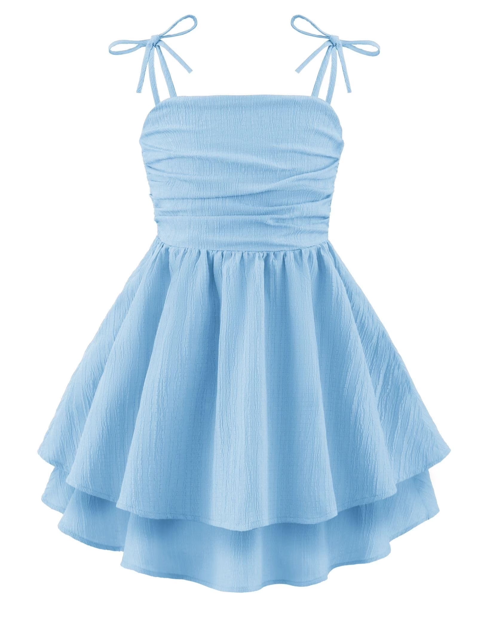 Oudiya Girls Summer Blue Dresses Spaghetti Strap Flowy Tiered Ruched Smocked Back Casual Beach Midi Easter Sundress,6-14Y