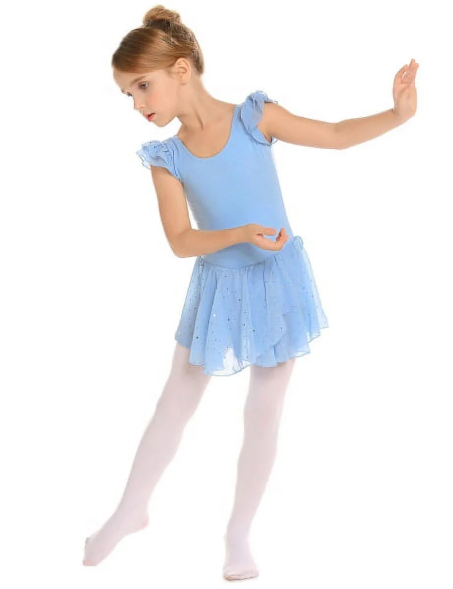 Oudiya Girls Ballet Dance Dress Leotards Ruffle Sleeve Shiny Ballet Tutu Skirt for Kids 3-11Y