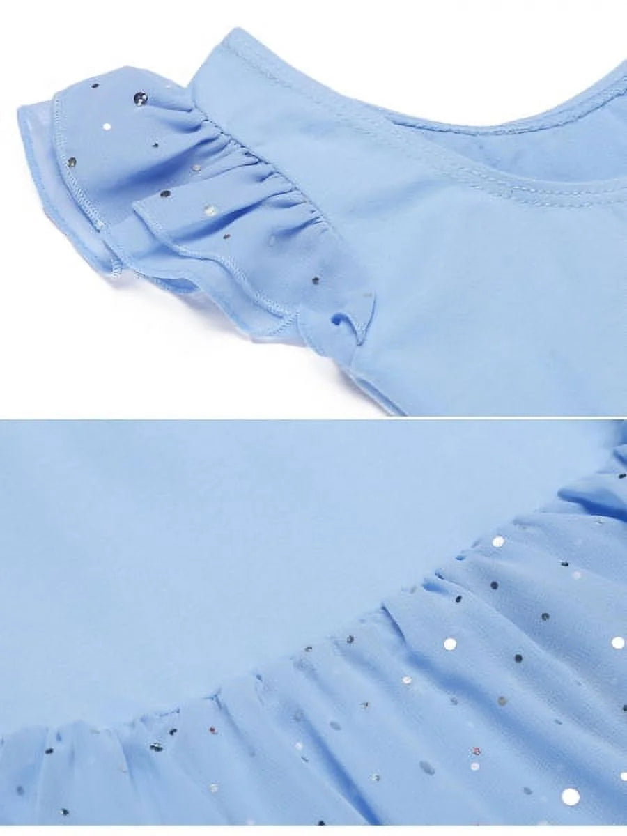Oudiya Girls Ballet Dance Dress Leotards Ruffle Sleeve Shiny Ballet Tutu Skirt for Kids 3-11Y