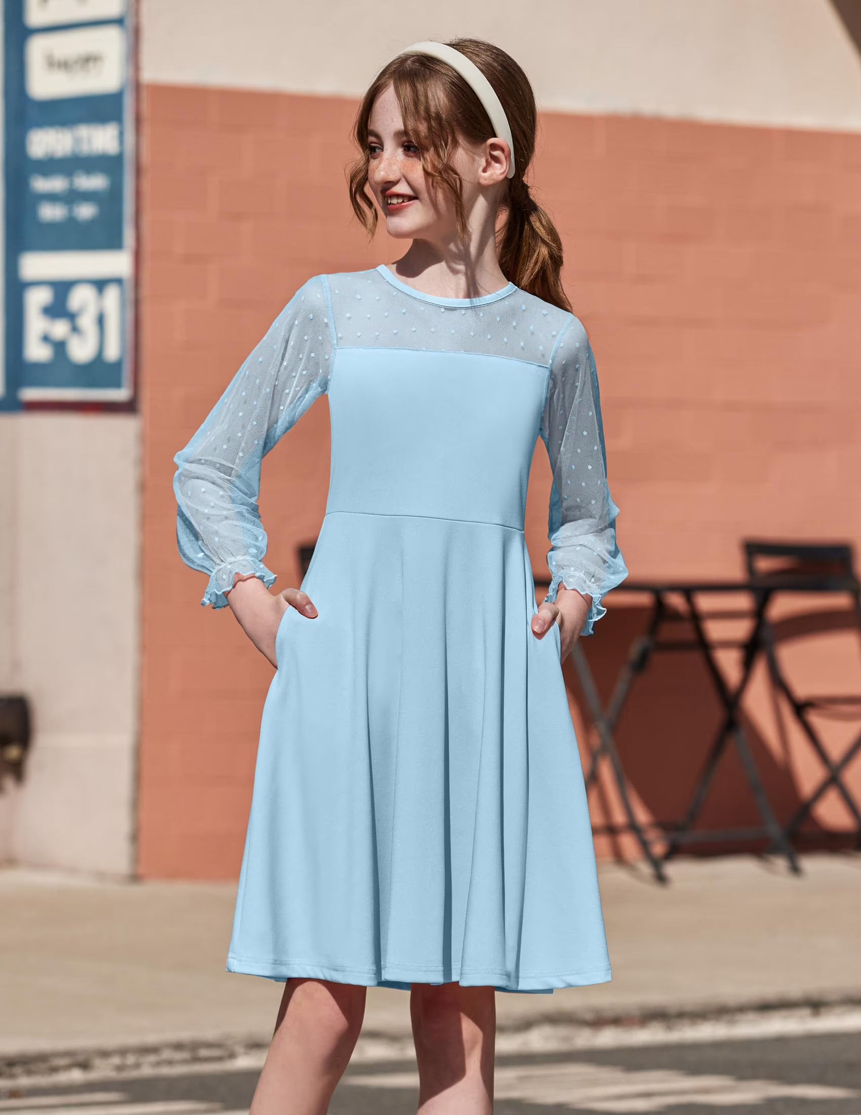 Oudiya Girls Mesh Puff Lantern Long Sleeve High Waist Formal A Line Dress with Pockets for Kids 6-16 Years
