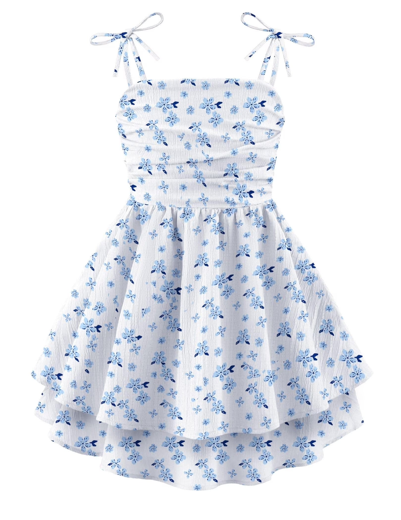 Oudiya Girls Summer Blue Dresses Spaghetti Strap Flowy Tiered Ruched Smocked Back Casual Beach Midi Easter Sundress,6-14Y