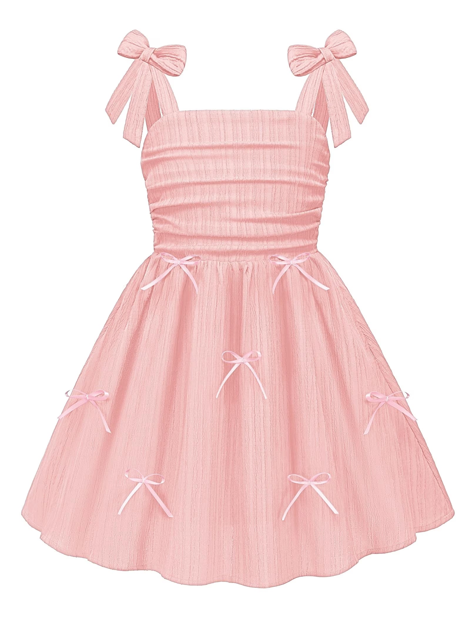 Oudiya Girls Summer Dreeses Spaghetti Strap Bow Ruched Smocked Back Boho Beach Party Sundress, 4-14Y
