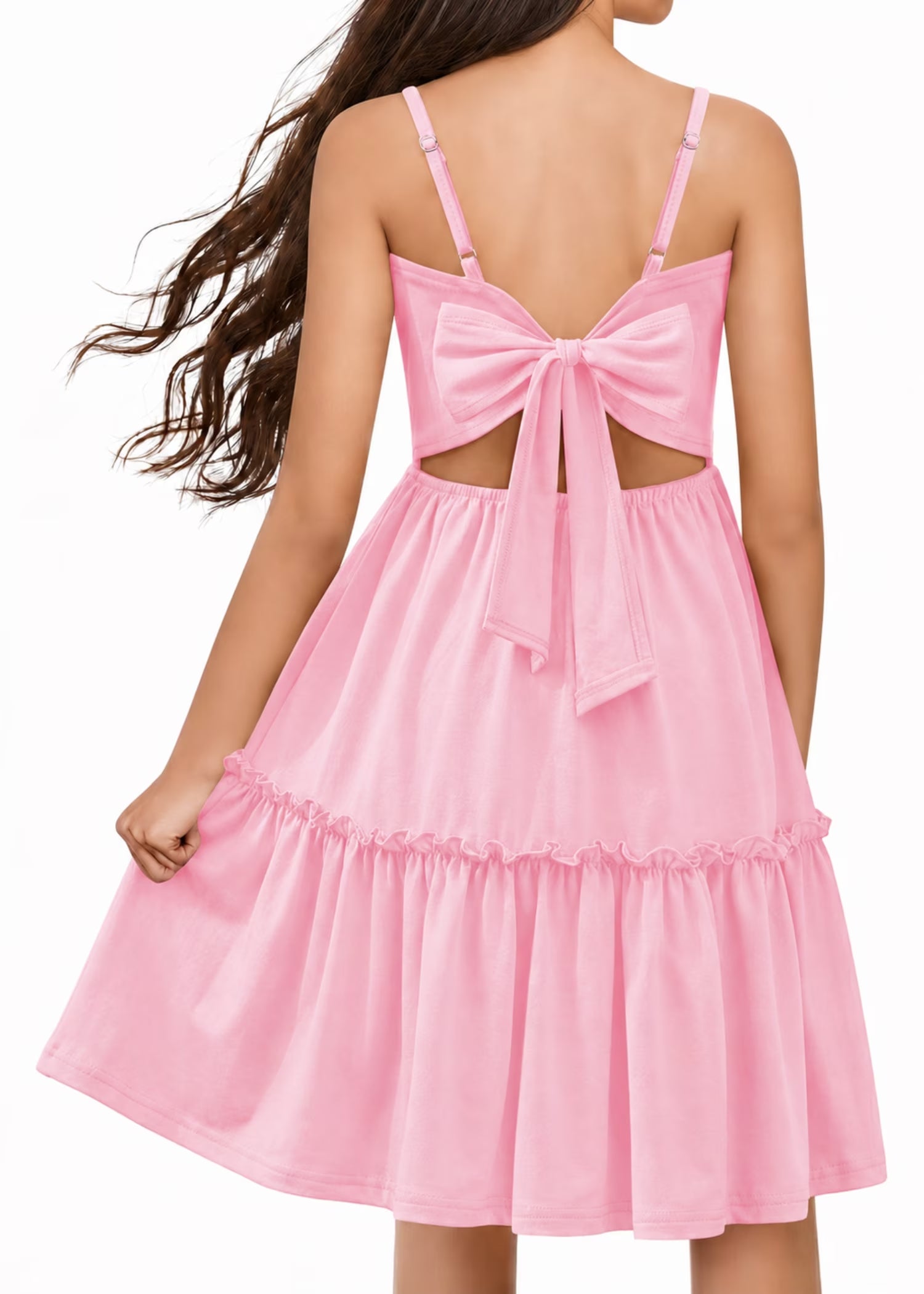 Oudiya Girls Spaghetti Strap Tie Back Dress Ruffle Hem Summer Beach Casual Sundress with Pockets, 6-14Y