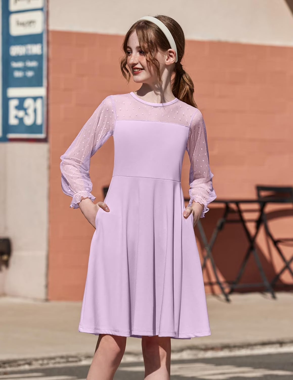 Oudiya Girls Mesh Puff Lantern Long Sleeve High Waist Formal A Line Dress with Pockets for Kids 6-16 Years