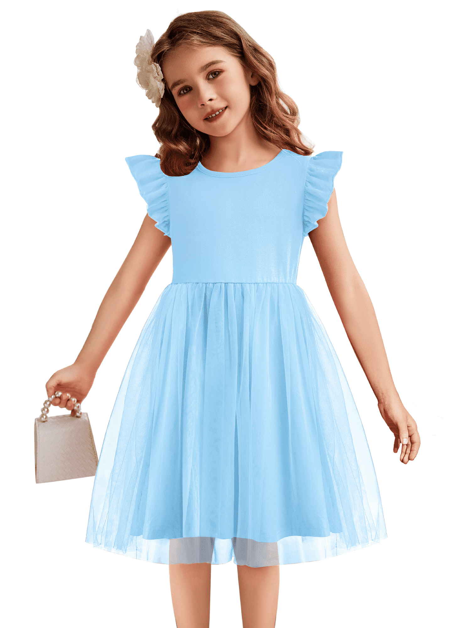 Oudiya Toddler Girls Tutu Dress Fluffy Ruffle Sleeve Dresses Summer Casual Tulle Party Sundress for Kids 6-7Y