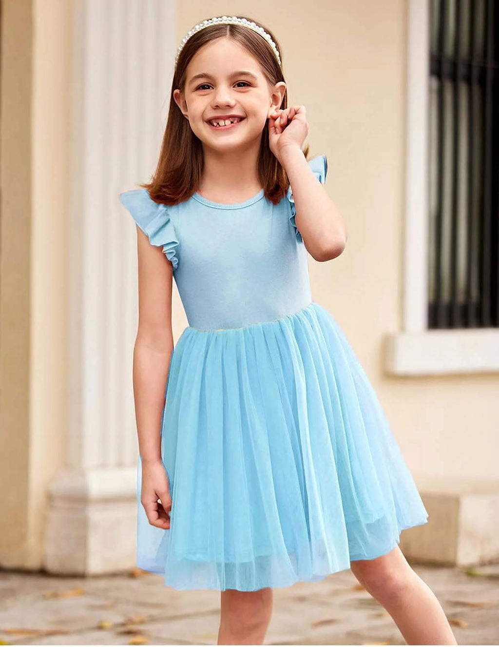 Oudiya Toddler Girls Tutu Dress Fluffy Ruffle Sleeve Dresses Summer Casual Tulle Party Sundress for Kids 6-7Y
