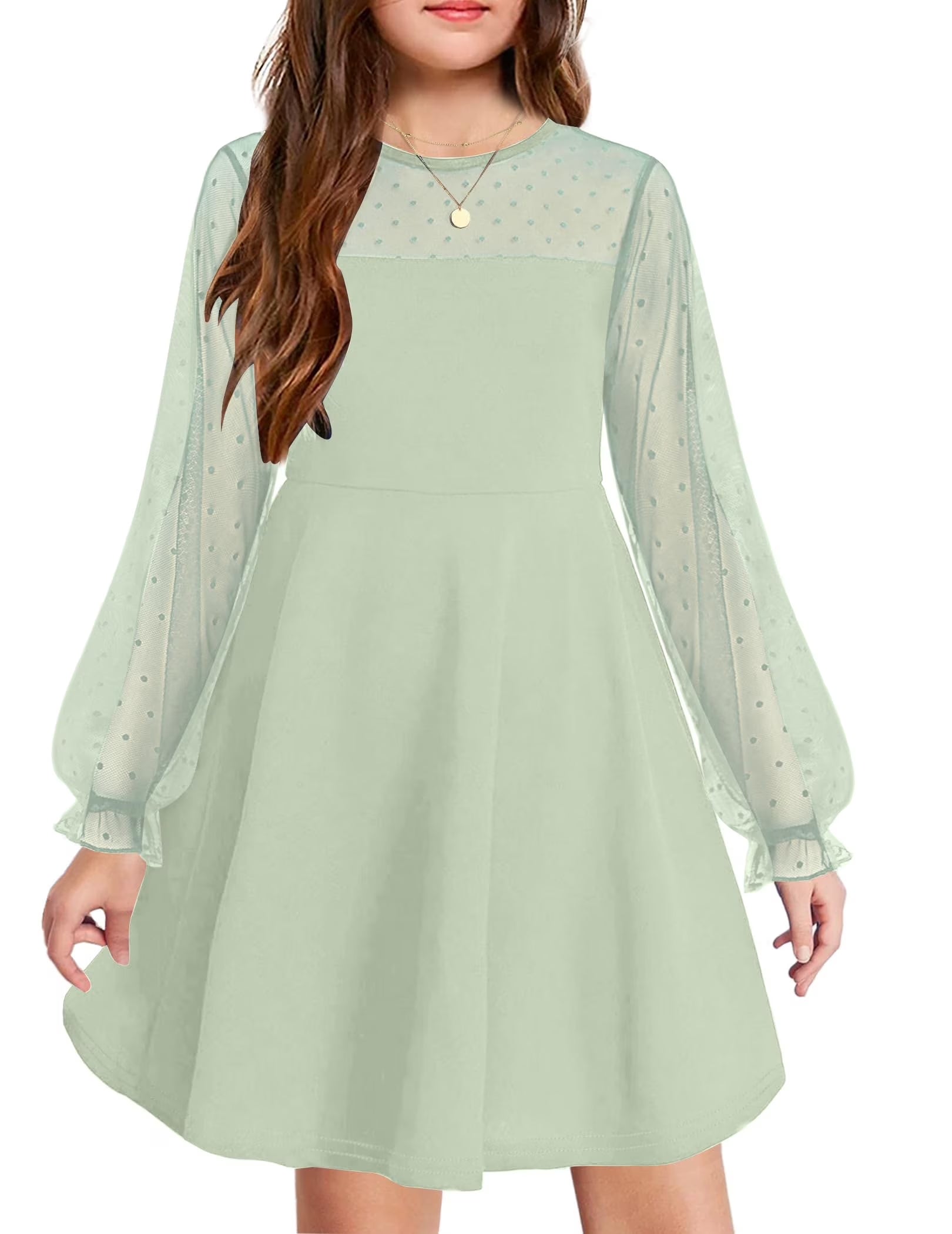 Oudiya Girls Mesh Puff Lantern Long Sleeve High Waist Easter Formal A Line Dress with Pockets for Kids 6-16 Years