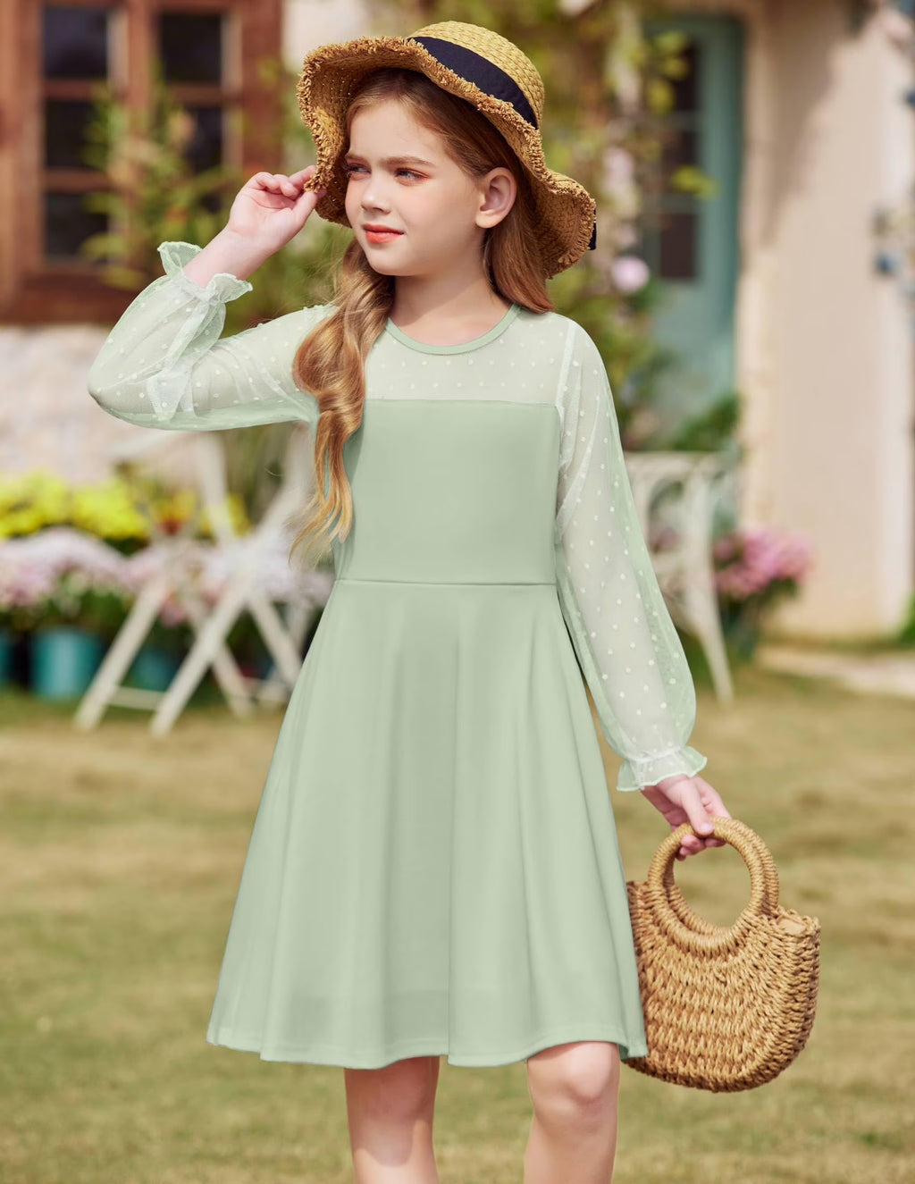 Oudiya Girls Mesh Puff Lantern Long Sleeve High Waist Easter Formal A Line Dress with Pockets for Kids 6-16 Years