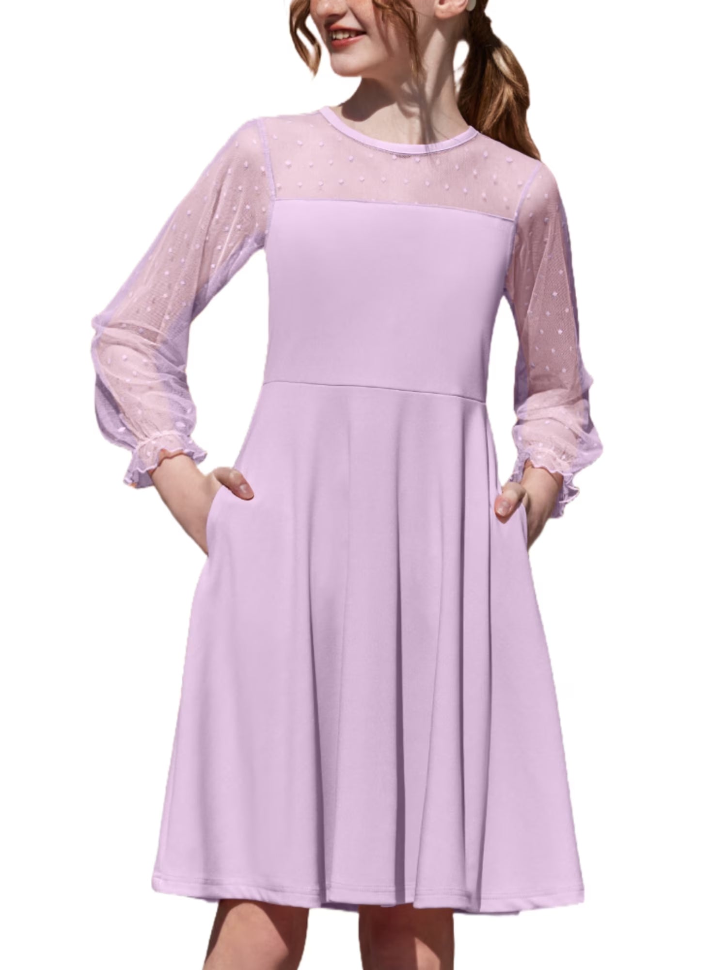 Oudiya Girls Mesh Puff Lantern Long Sleeve High Waist Easter Formal A Line Dress with Pockets for Kids 6-16 Years