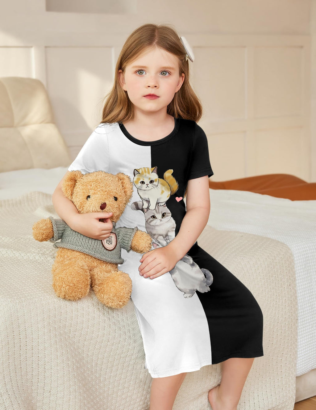 Oudiya Girls Short Sleeve Nightgowns Soft Print Pajamas Sleepwear Nighties for Kids 4-12