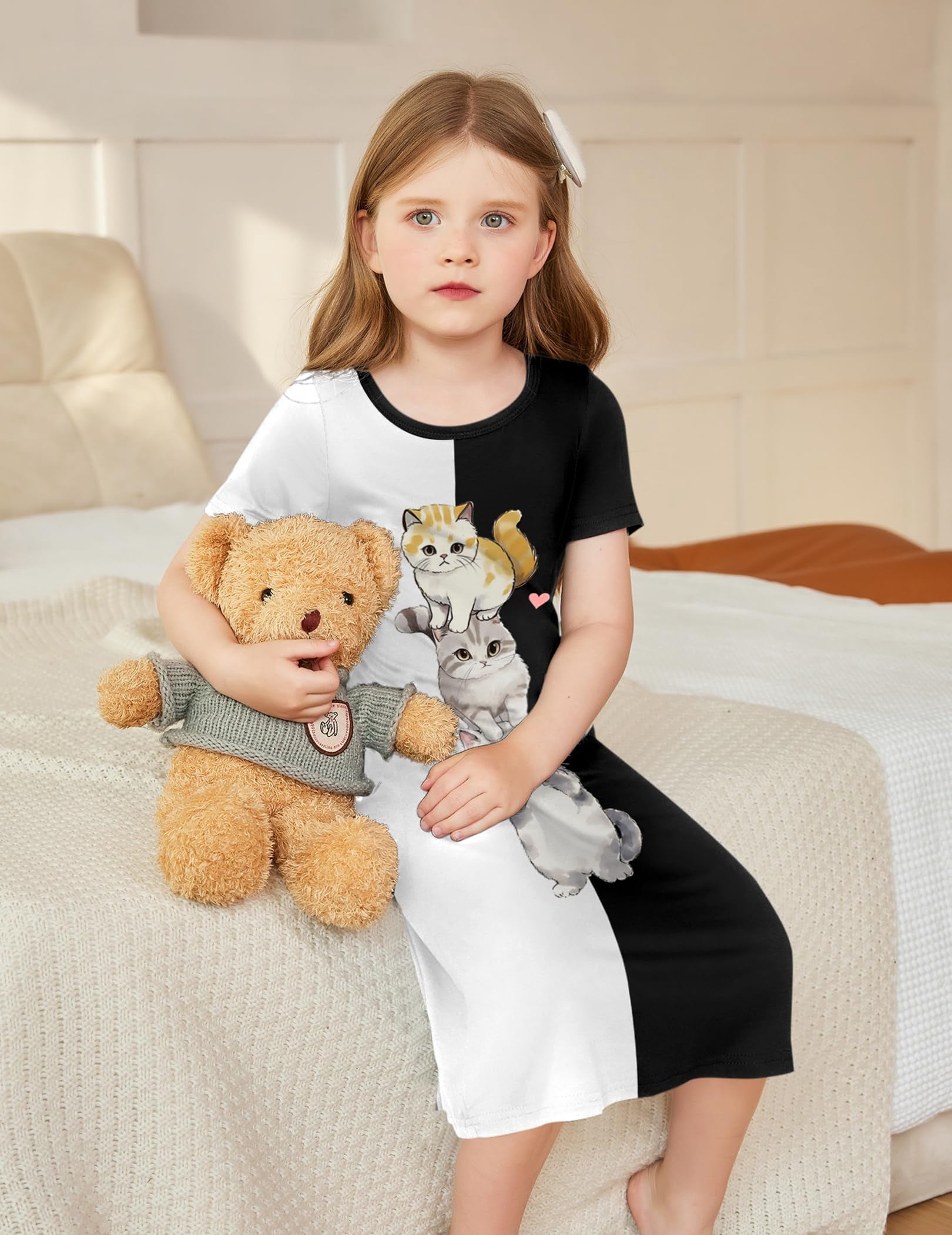 Oudiya Girls Short Sleeve Nightgowns Soft Print Pajamas Sleepwear Nighties for Kids 4-12