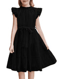 Oudiya Tween Girls Spring Dress Casual Ruffle Sleeve with Belt A Line Formal Elegant Party Dresses for Kids 5-16Y